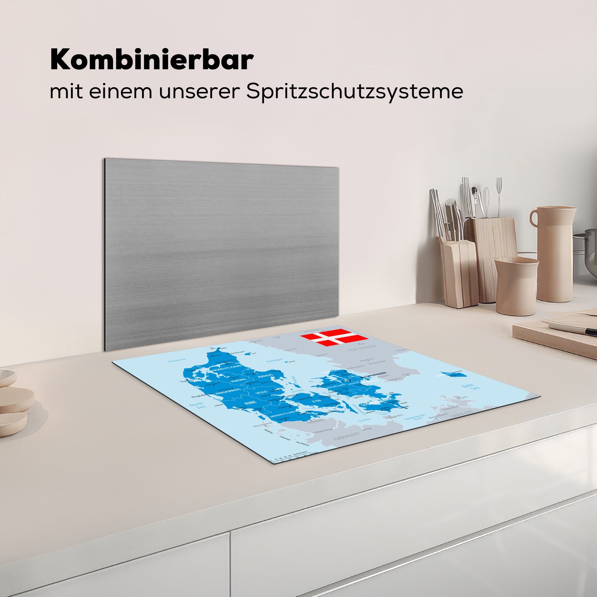Ceranfeldabdeckung Illustration (1 Mobile von einer cm, nutzbar, blauen Vinyl, mit Dänemark Karte Herdblende-/Abdeckplatte MuchoWow Flagge, Arbeitsfläche tlg), 60x52 einer