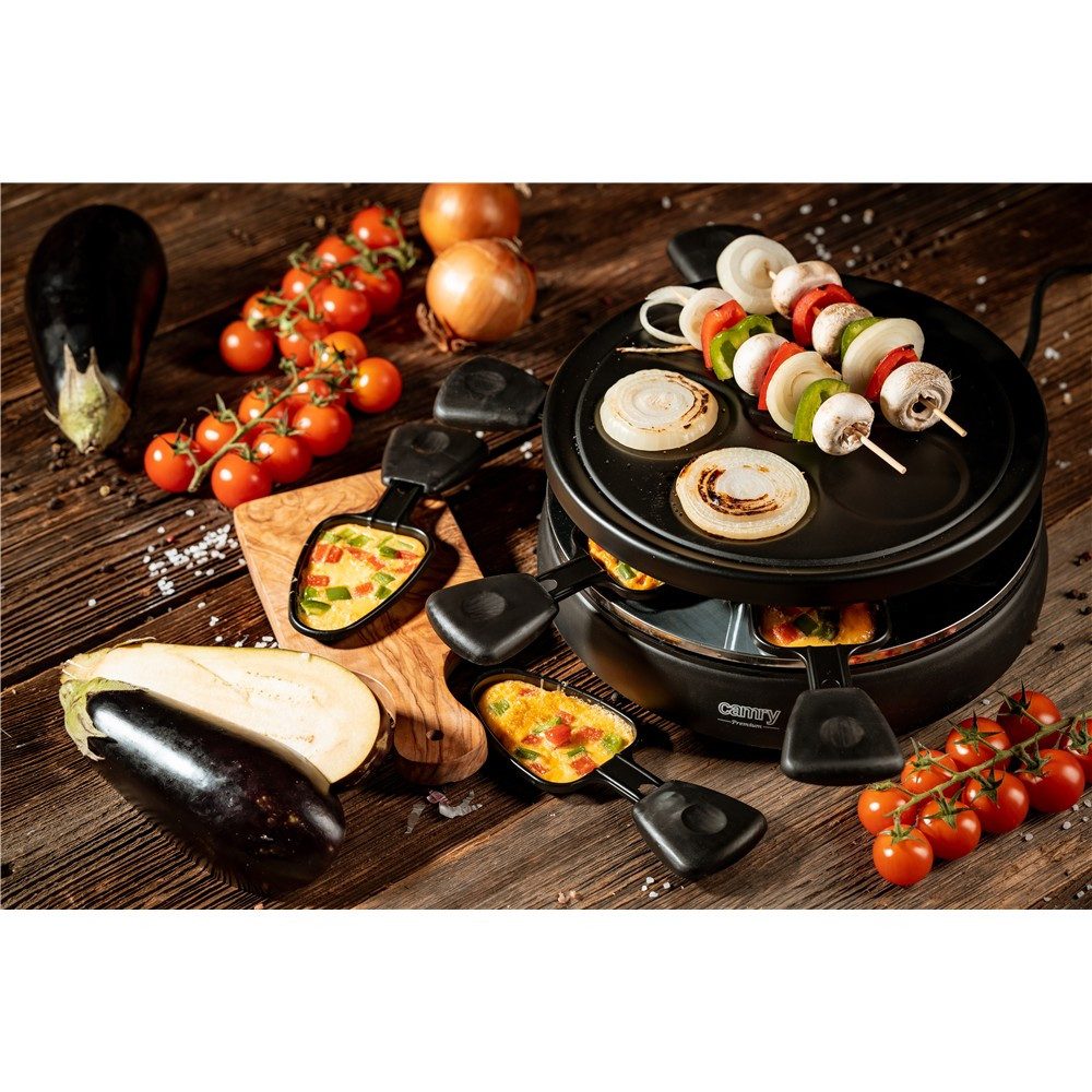 ADLER EUROPE Raclette CR6606 elektrischer Tischgrill für 6 Personen, 6 Raclettepfännchen, 1200 W, Antihaft-Grillplatte, Käse Raclette & Partygrill, Schwarz