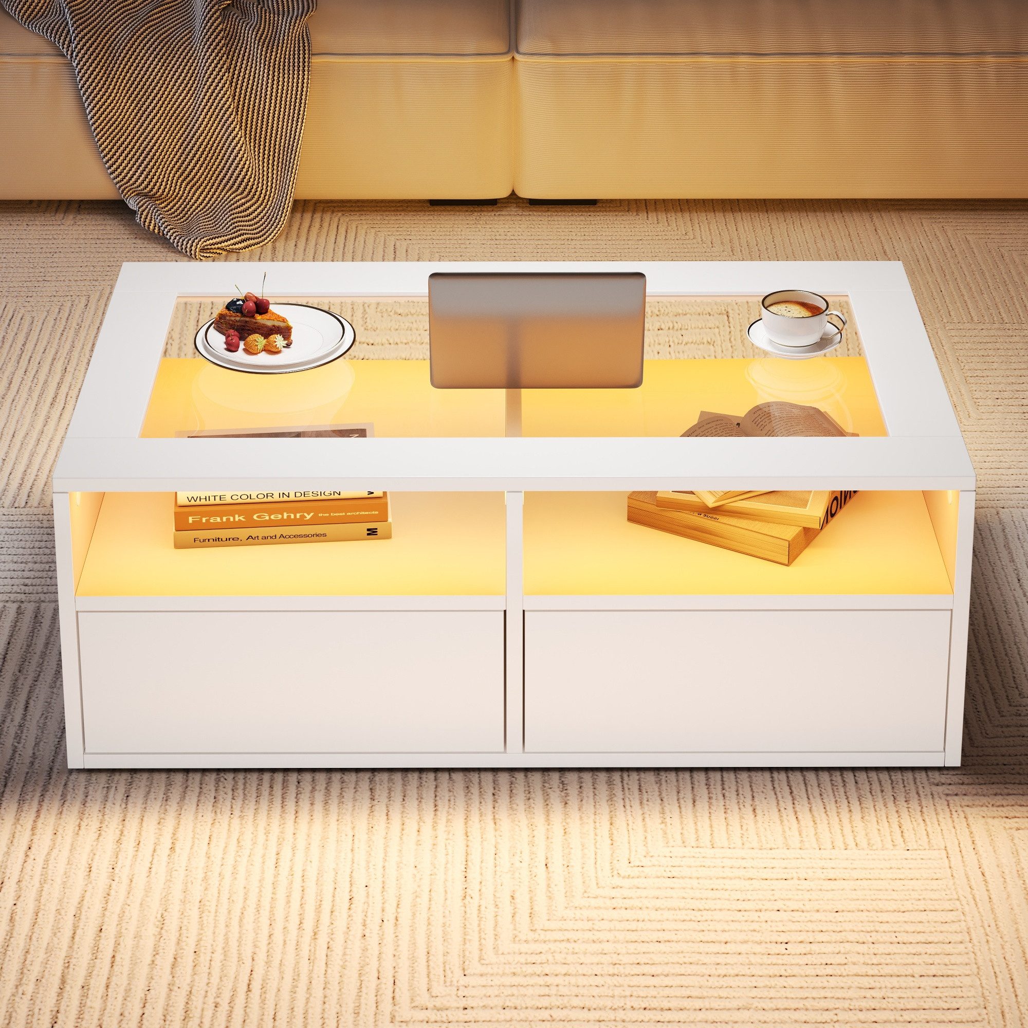 Merax Couchtisch Wohnzimmertisch Beistelltisch mit LED-Beleuchtung (100×50×35 cm, 1-St., zweistöckigem Design & modernem Look), Sofatisch mit gehärteter Glaspla – Bild 2 von 5