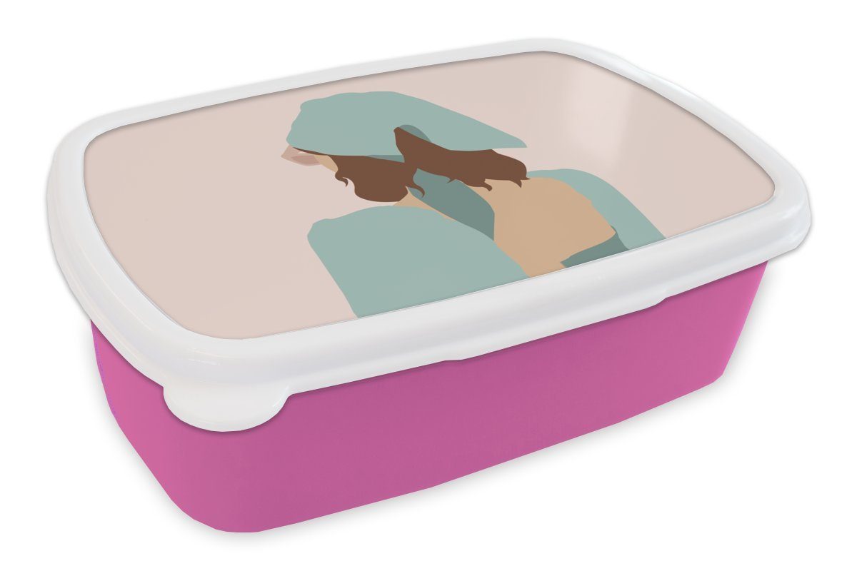 MuchoWow Lunchbox Sommer - Frau - Abstrakt, Kunststoff, (2-tlg), Brotbox für Erwachsene, Brotdose Kinder, Snackbox, Mädchen, Kunststoff rosa