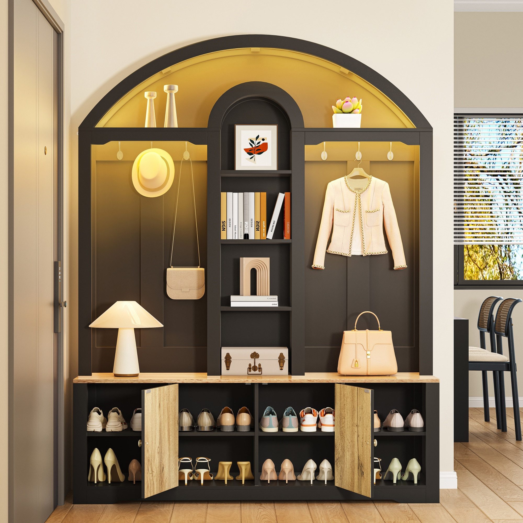 Merax Garderoben-Set Garderobenschrank mit LED-Beleuchtung und geschwungenem Design, (Flur- & Kleiderschrank im skandinavischen Weiß/Schwarz-Holz-Look, 1-St., 150 L x40 B x 195 H(cm), Möbelset mit Mittelablagen, Doppeltüren, Schuhregal & Metallhaken