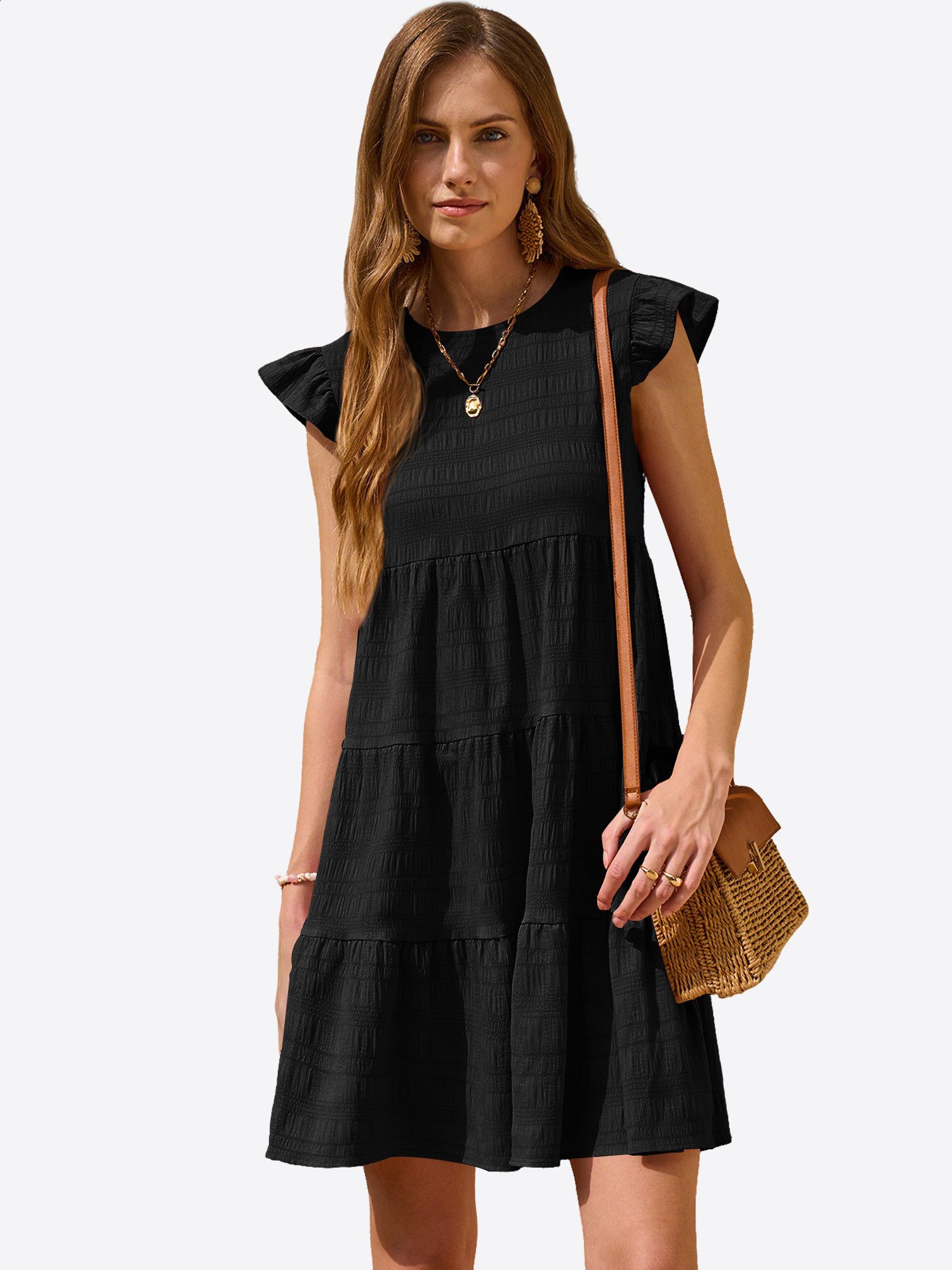 Imily Bela Babydollkleid Damen Lockeres Minikleid mit Rüschen Besatzung (Packung, 1-tlg., 1per-Pack) in Unifarbe