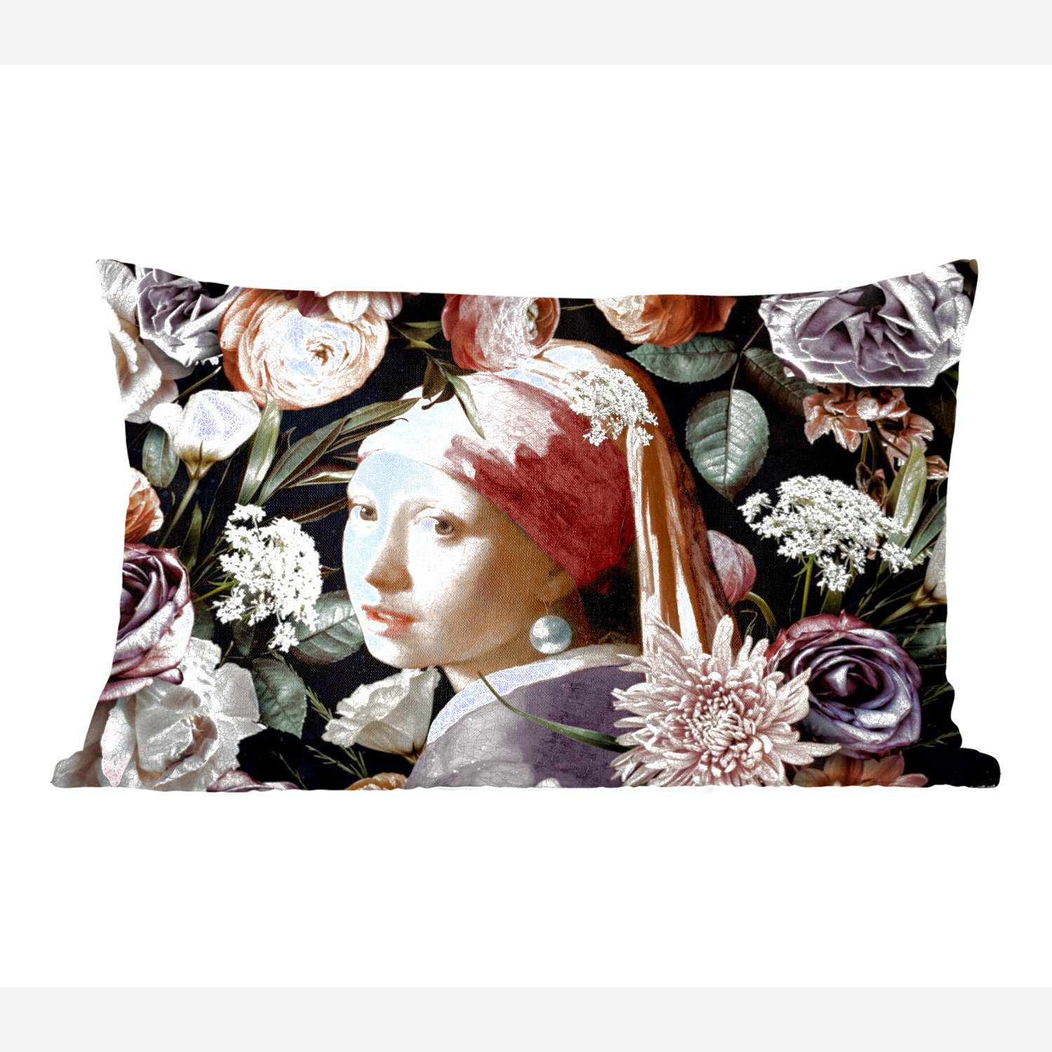 MuchoWow Dekokissen Mädchen mit Perlenohrring - Blumen - Vermeer - Pastell - Kunstwerk -, Wohzimmer Dekoration, Zierkissen, Dekokissen mit Füllung, Schlafzimmer