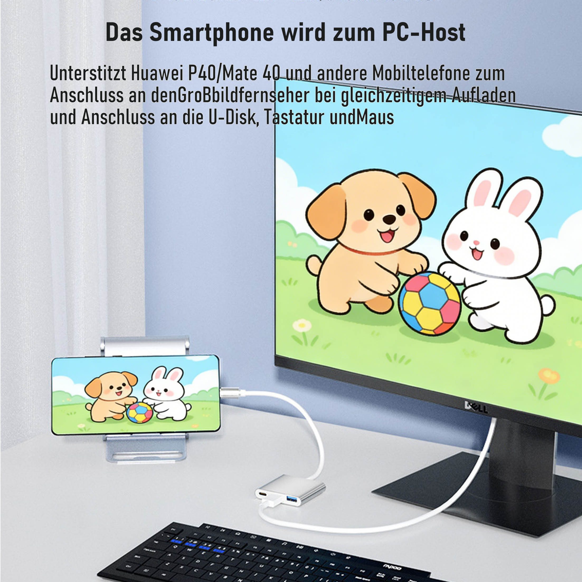 KINSI Laptop-Dockingstation 3in1 USB-C Dockingstation, HDMI 4K, USB Hub 3.0, PD Anschluss, (1 St), kompatibel mit USB-Flash-Laufwerk, Wechsellaufwerk, Maus, Tastatur
