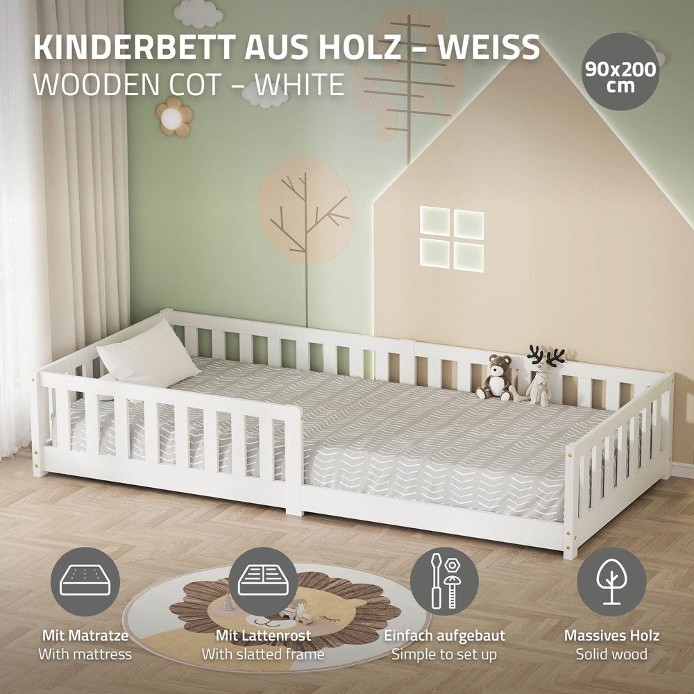 ML-DESIGN Spielbett Bodenbett Holzbett mit Lattenrost & Rausfallschutz Jugendbett Babybett, Abenteuerbett mit Matratze H-10 cm 90x200cm Kinderbett Bettgestell