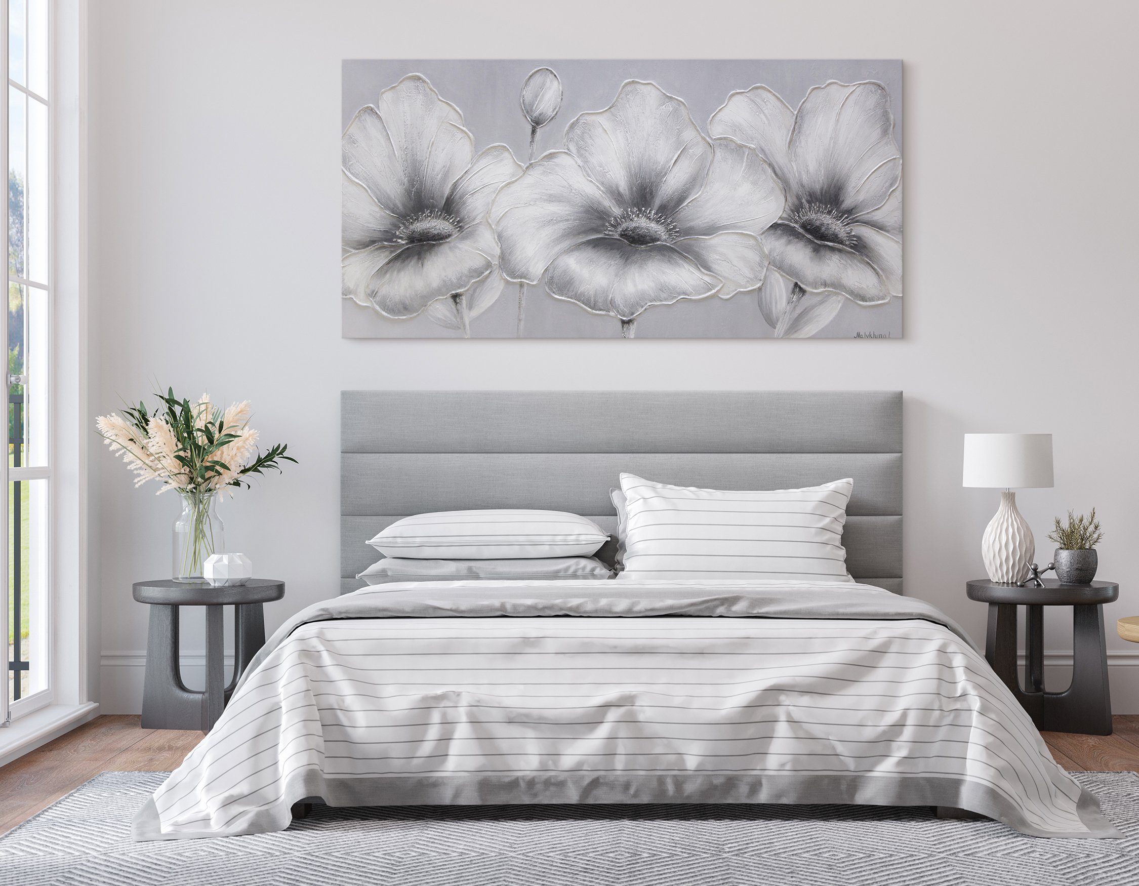 Handgemalt Blumen, Blumen, Schwarz auf Bild Weiß Leinwand YS-Art Grau Blumen Gemälde