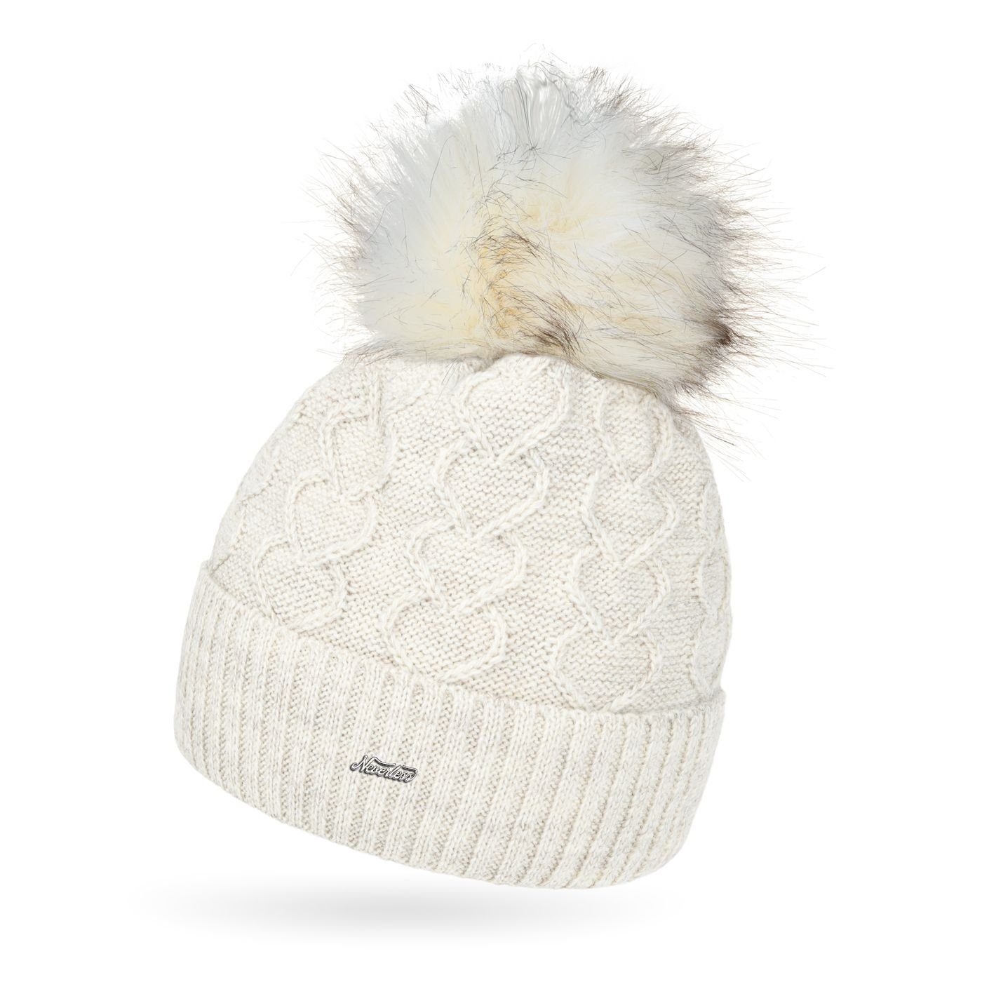 StyleBREAKER Damen Bommelmütze Mit Perlen - Wintermütze Mit Fleece-Futter, Kunstfell-Bommel