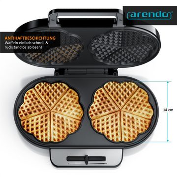 Arendo Waffeleisen, 1200 W, Waffelautomat – 2 Waffeln à 14 cm- Antihaftbeschichtung – Herzwaffeln