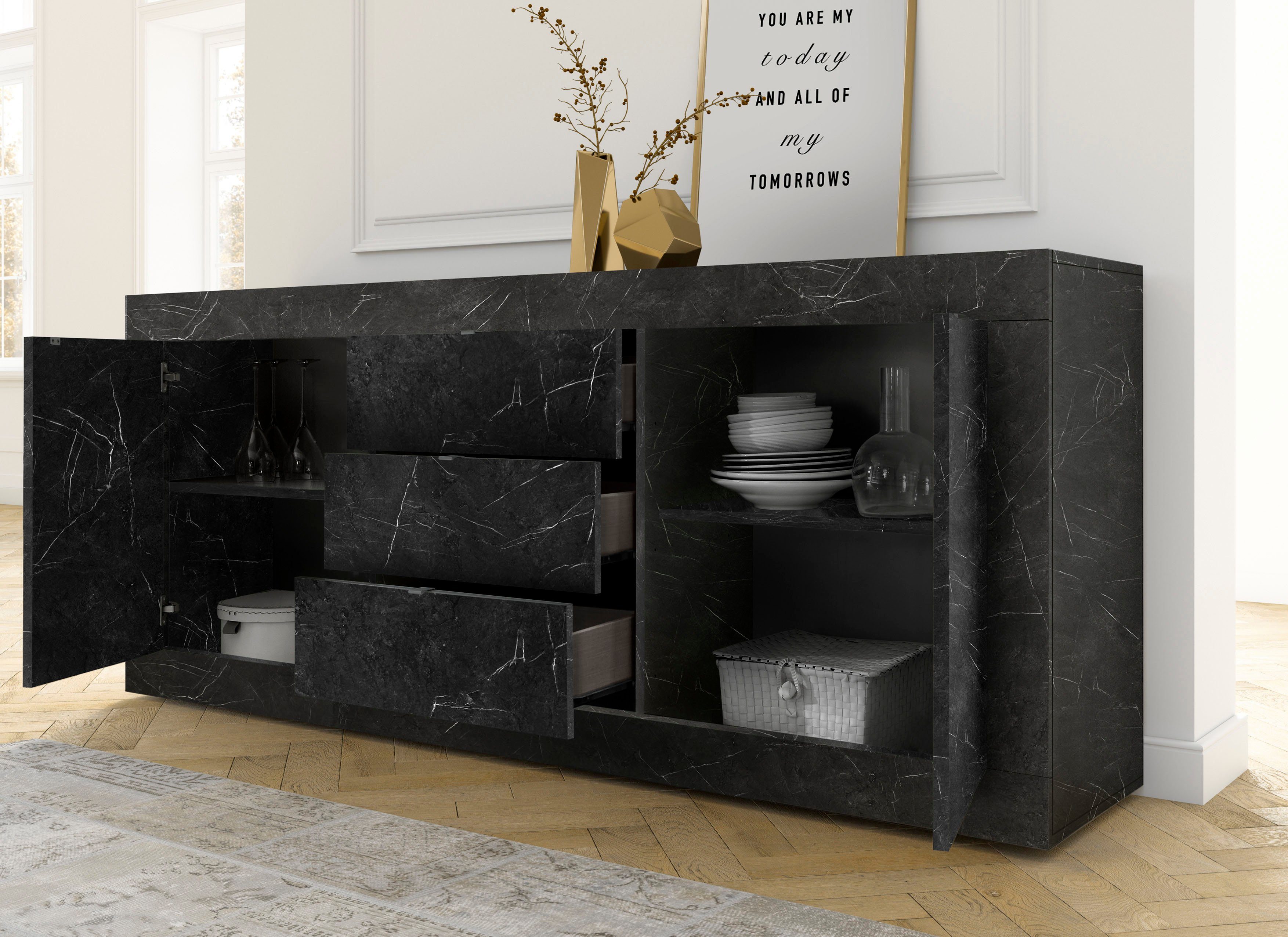 Home affaire Sideboard Basic Breite 210 cm, Kommode 2 Türen, 3 Schubkästen, Anrichte, Metallgriff, moderne Rahmenoptik, viel Stauraum, Farbauswahl