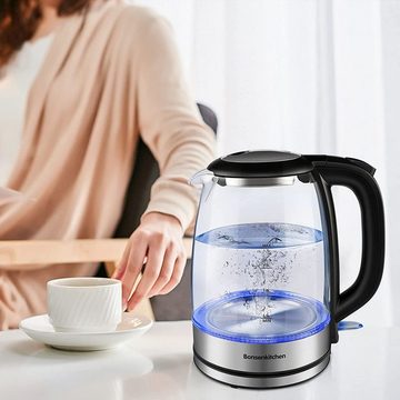 Bonsenkitchen Wasserkocher Wasserkocher aus Glas, 1,7 L 2200 W Wasserkocher mit blauer LED-Beleuchtung, automatischer Abschaltung und Überhitzungsschutz, Innendeckel und Boden aus 304 Edelstahl (BPA-frei), 1,7 l, 2200 W