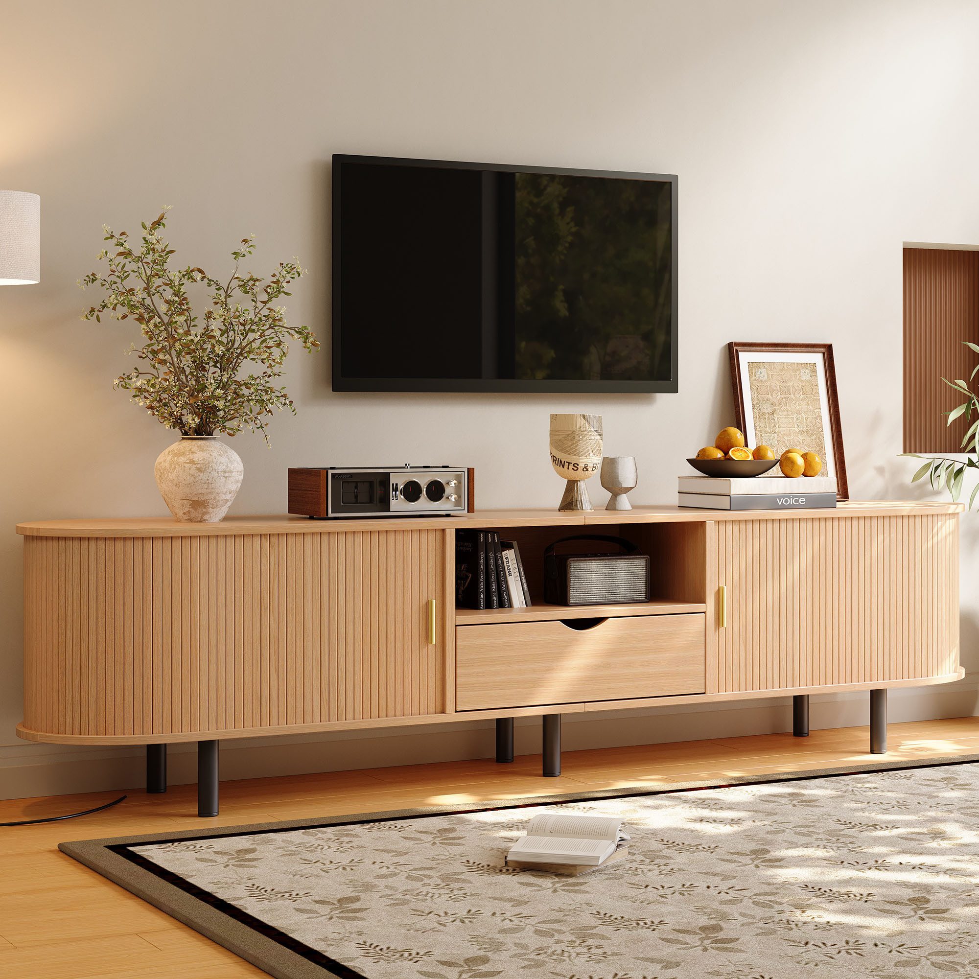 HAUSS SPOLE TV-Schrank mit Runddesign,Fernsehtisch Lowboard mit Schublade & Fächern,Natur (Medienkonsole Rollo-TV-Board 175x40x55cm Mitoffene Ablagefächer und integrierte Kabeldurchlässe) für Wohnzimmer