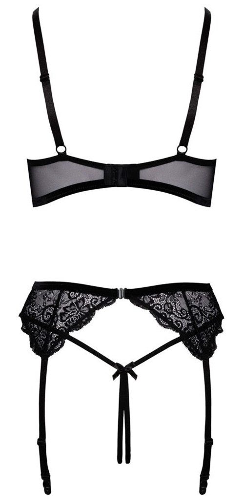 Cottelli Collection Set: Bügel-BH Dessous-Set: BH, Ouvert-String und Strumpfgürtel - schwarz (3-tlg) offener Schritt und Cups