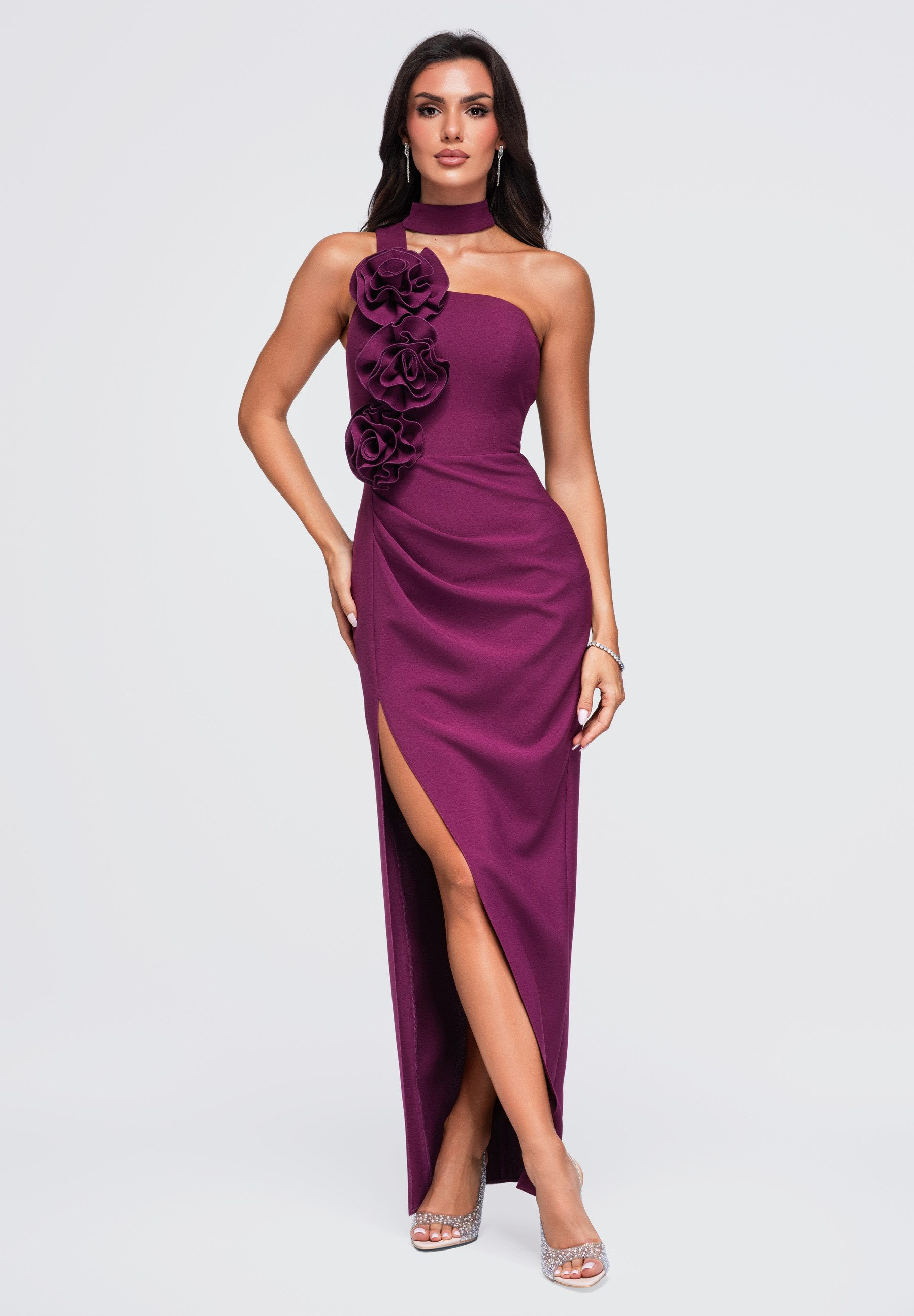 OMBRE Abendkleid Damen Abendkleid mit asymmetrischem Dekolleté elegant Violett XS (kein Set, 1-tlg) mit Alloverdruck