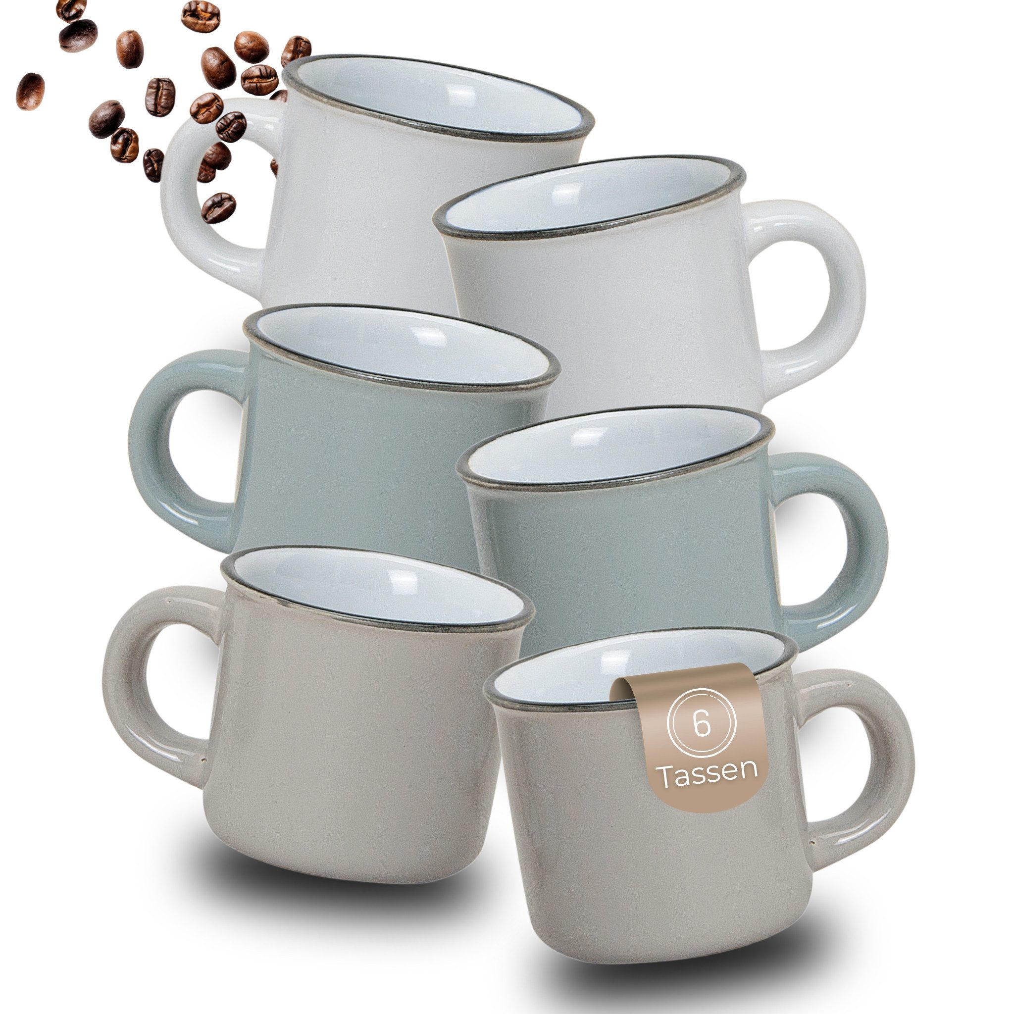 matches21 HOME & HOBBY Tasse Espresso-Tassen Email-Optik 6er Set dickwandige Keramik, 50 ml, 6-tlg., Keramik, Kleine Vintage Henkel Mokka Kaffee-Tassen