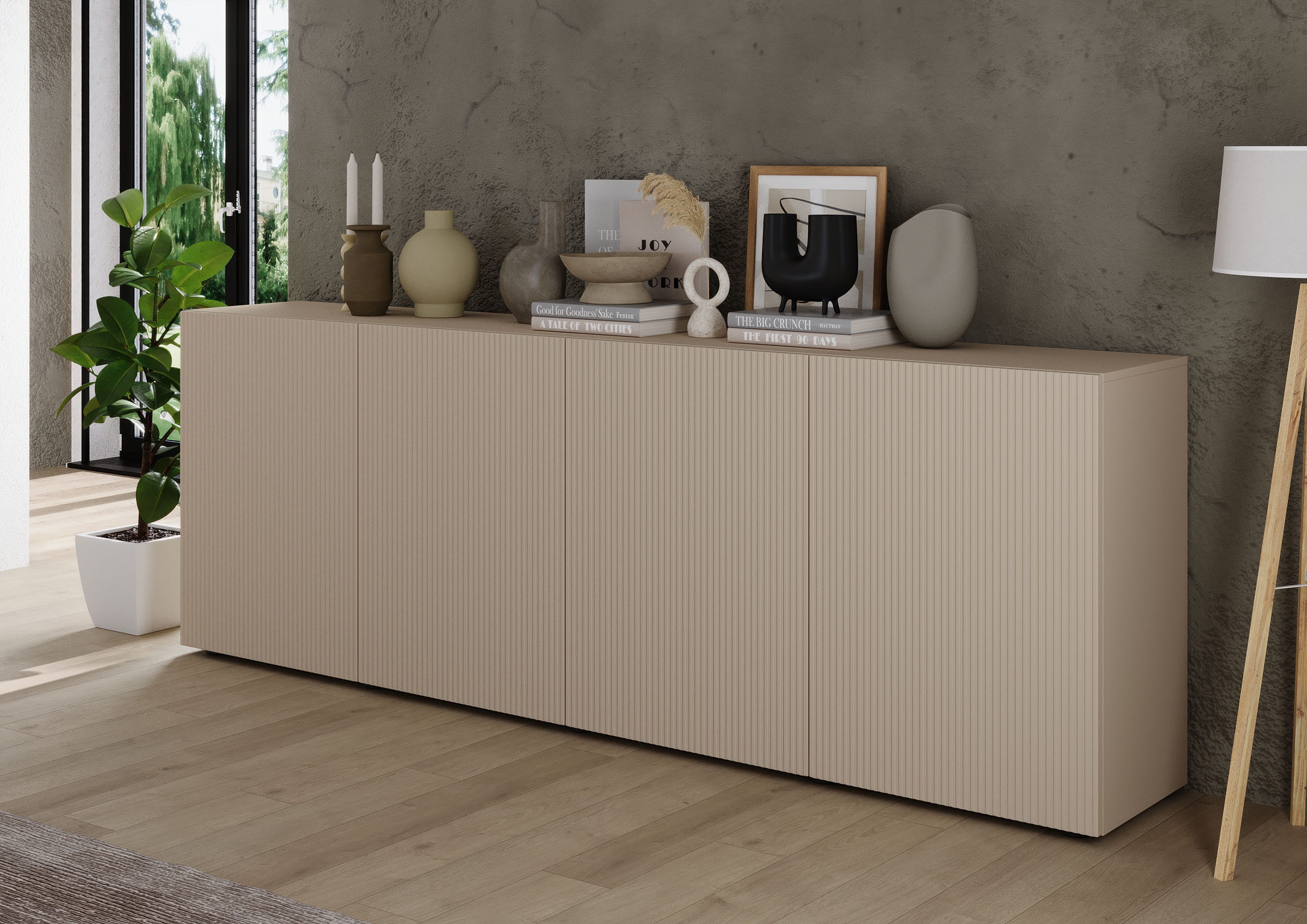 Home affaire Sideboard Rio Breite 240 cm, Kommode mit 4 Türen, Anrichte, geriffelte MDF-Fronten, modern u. elegant, viel Stauraum