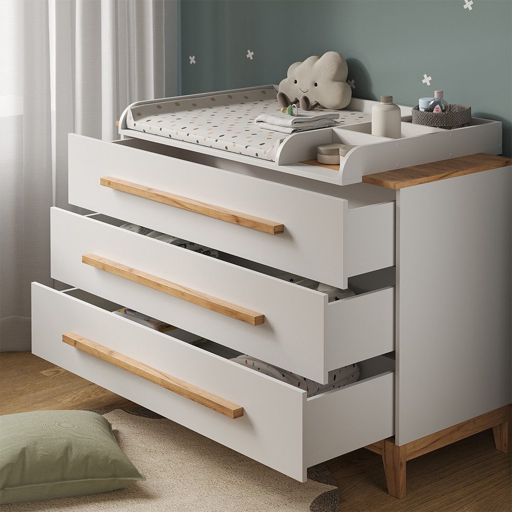 VitaliSpa® Wickelkommode Malia, Weiß/Artisan, 133.2 x 98 cm mit 3 Schubladen