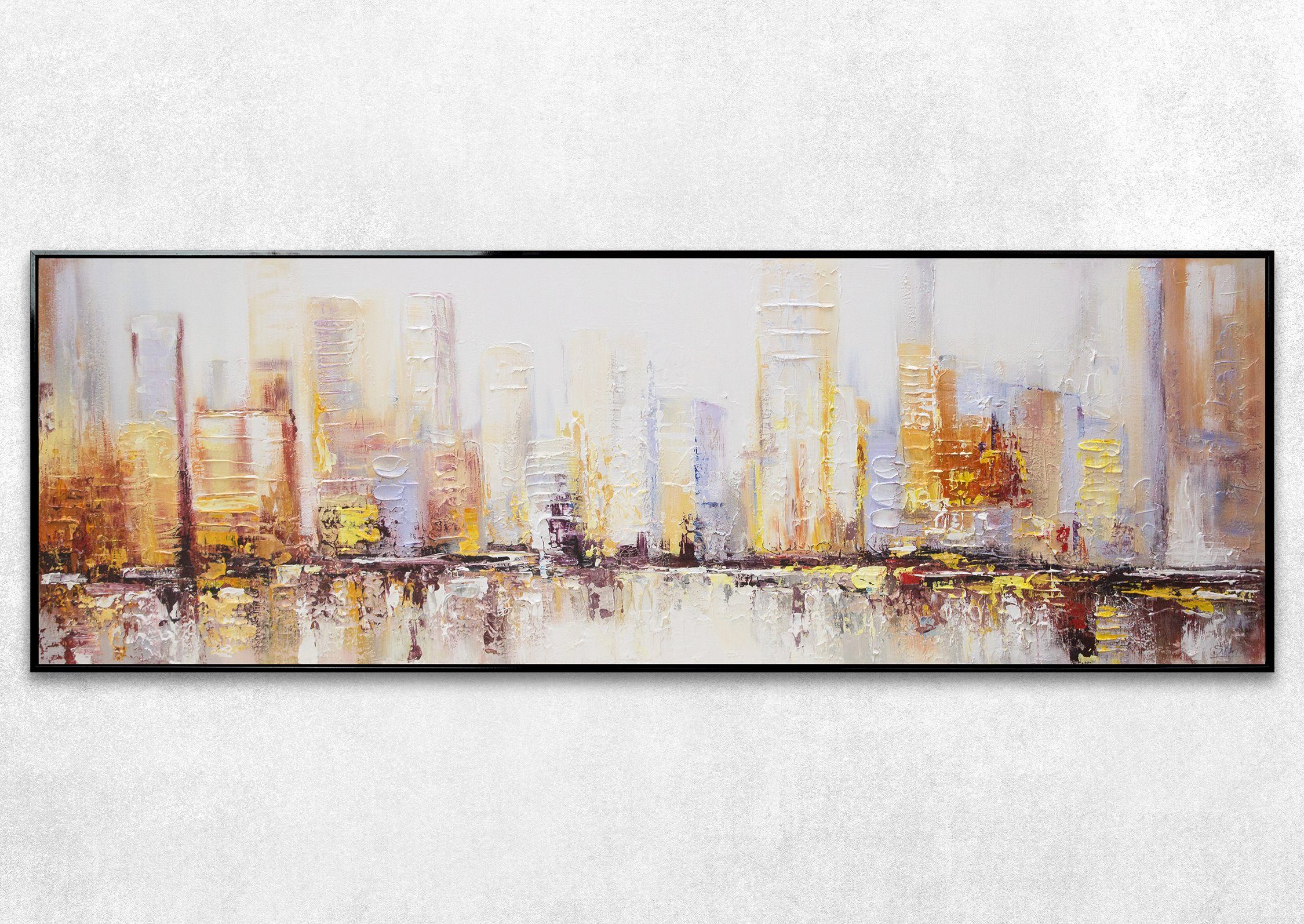 YS-Art Gemälde Morgen's in Megapolis, Architektur, Leinwand Bild Handgemalt Großstadt Braun Orange Gelb