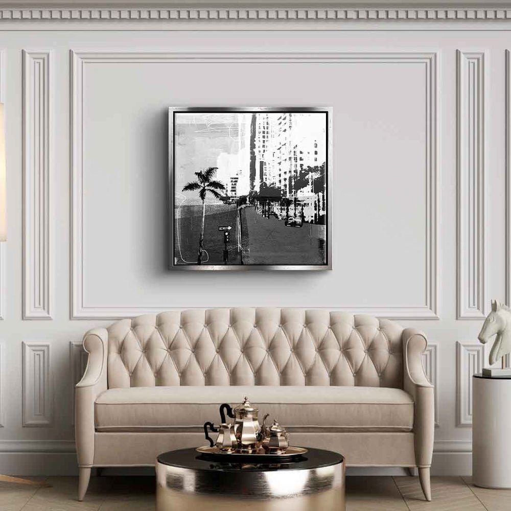 Miami, Leinwandbild Wandbild Miami DOTCOMCANVAS® quadratisch Leinwandbild Vintage Vintage schwarz weiß square weißer Rahmen
