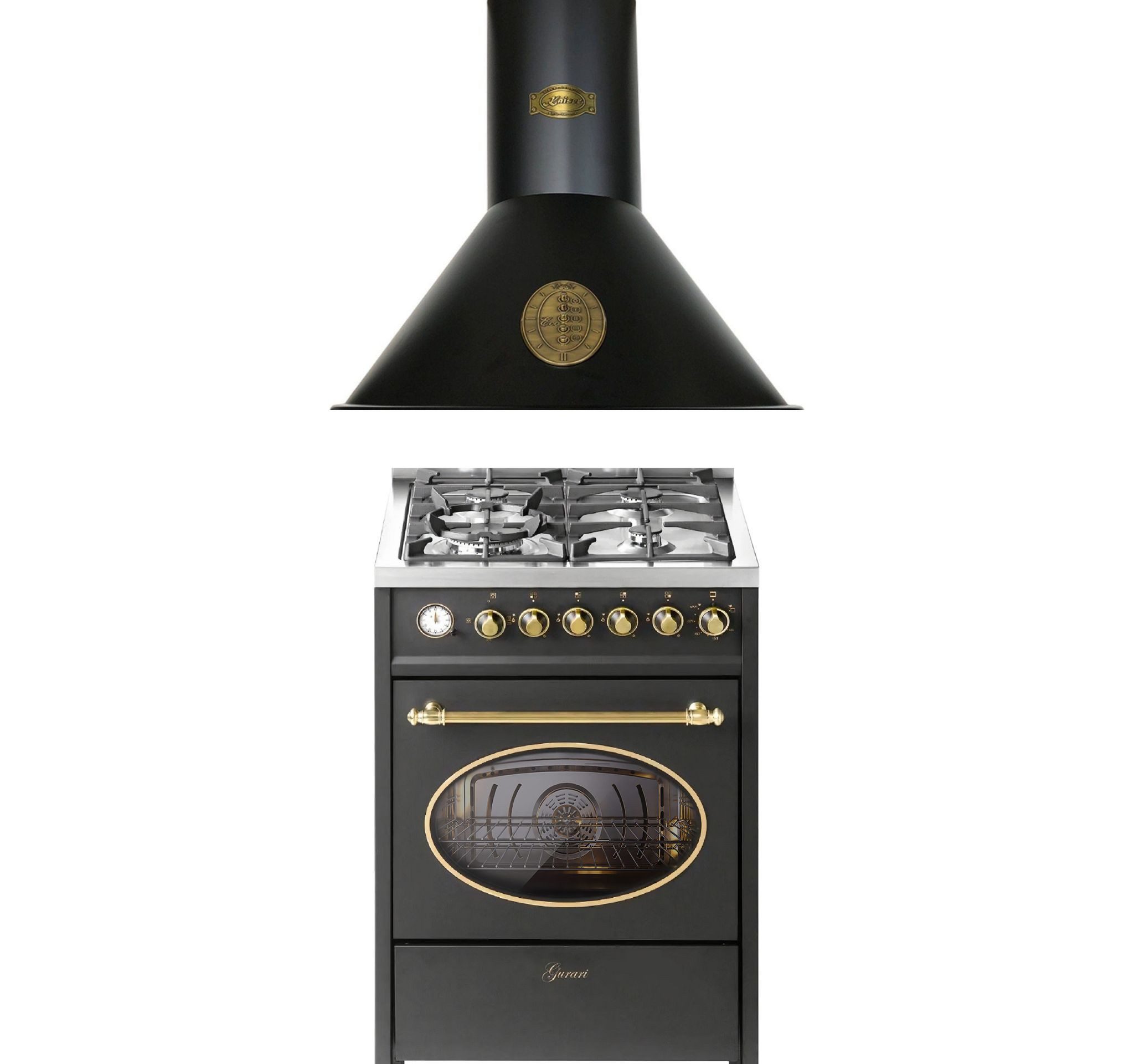 GURARI Gas-Standherd Retro Gas Elektro Standherd 60 cm Erdgas Fl.Gas 4 Kw WOK, 8 Funktionen+Dunstabzugshaube 60cm E 614 BL r+A 6423 BE ECO, mit 1-fach-Teleskopauszug