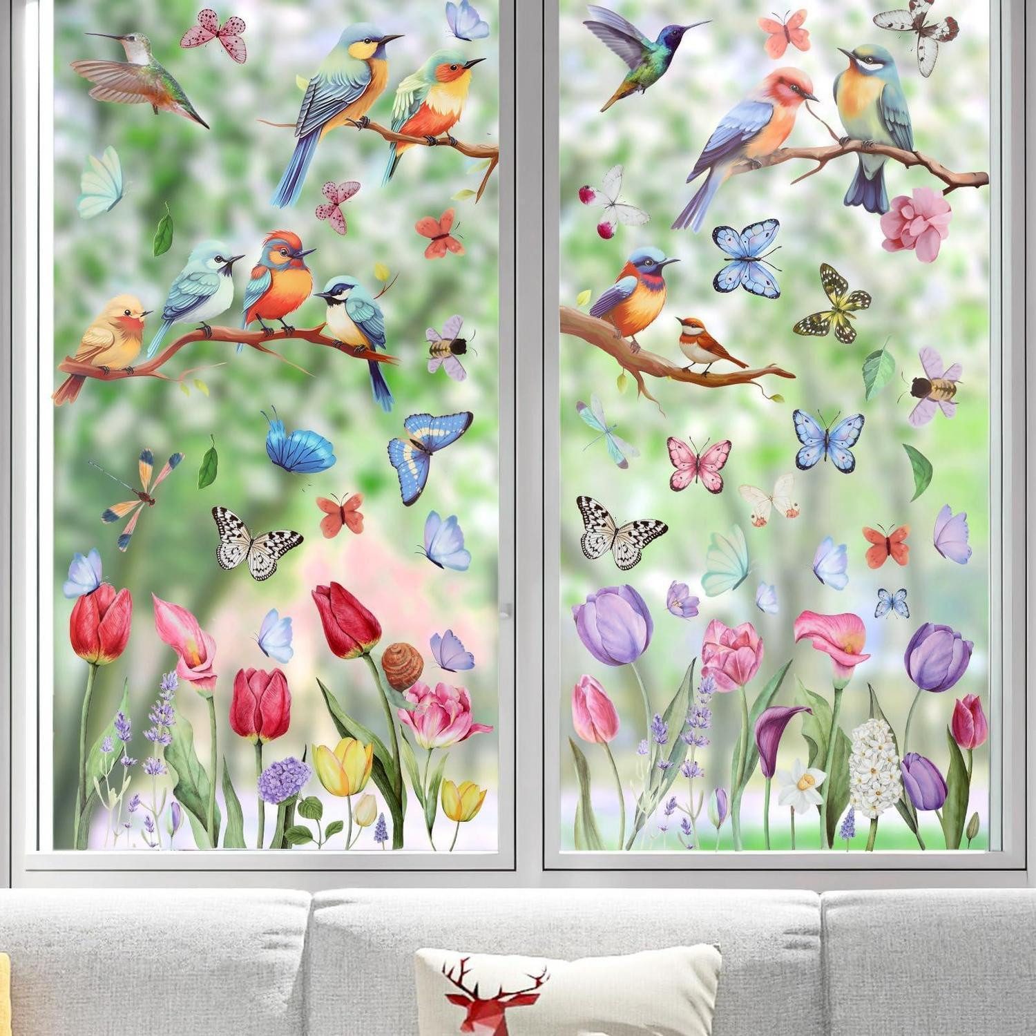 LuxusKollektion Fensterbild Fensterbilder Frühling Vögel Blumen 76 Muster wiederverwendbar