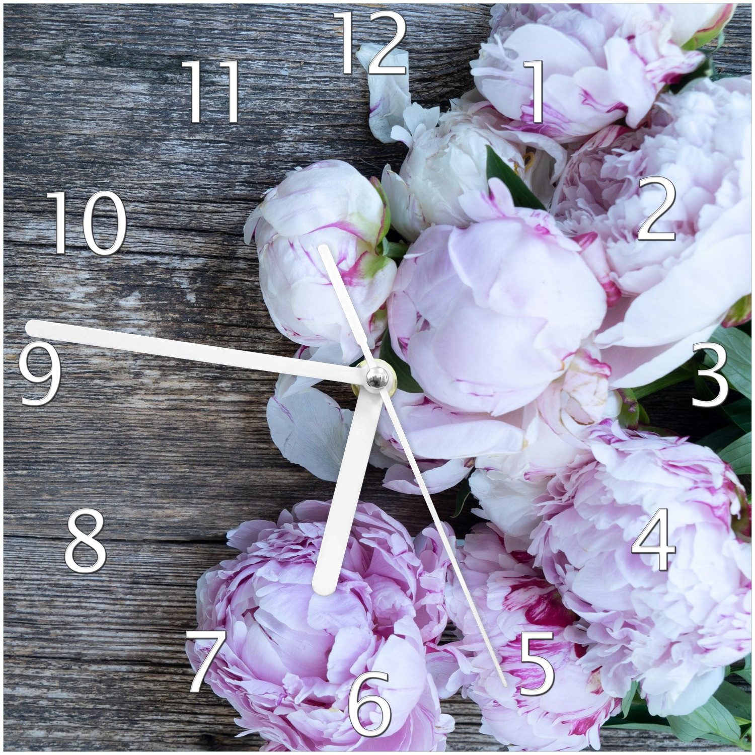 Wallario Wanduhr Pinke Blumen auf Holz (Glasuhr)