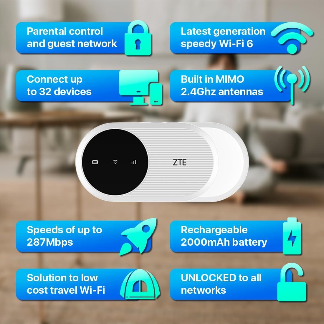 ZTE Modem U10 Mobiler 4G WiFi CAT4 Hotspot 287 Mbps für bis zu 32 Geräte - weiss – Bild 4 von 5