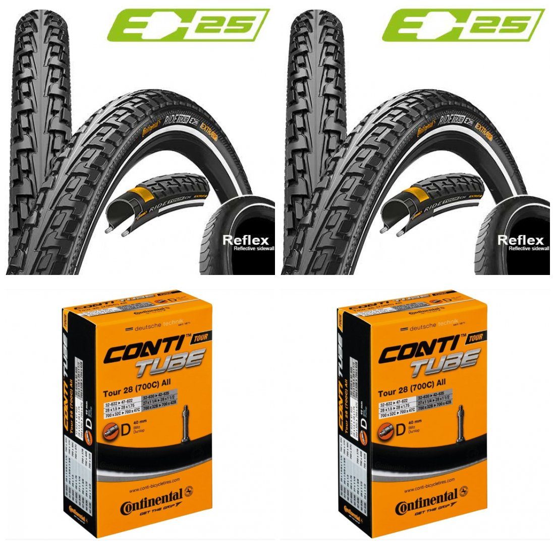 CONTINENTAL Fahrradreifen »Reifen Conti RideTour 28x1.40 + Schlauch Conti  Tour 28 all DV 40 mm«, mit Reflexstreifen