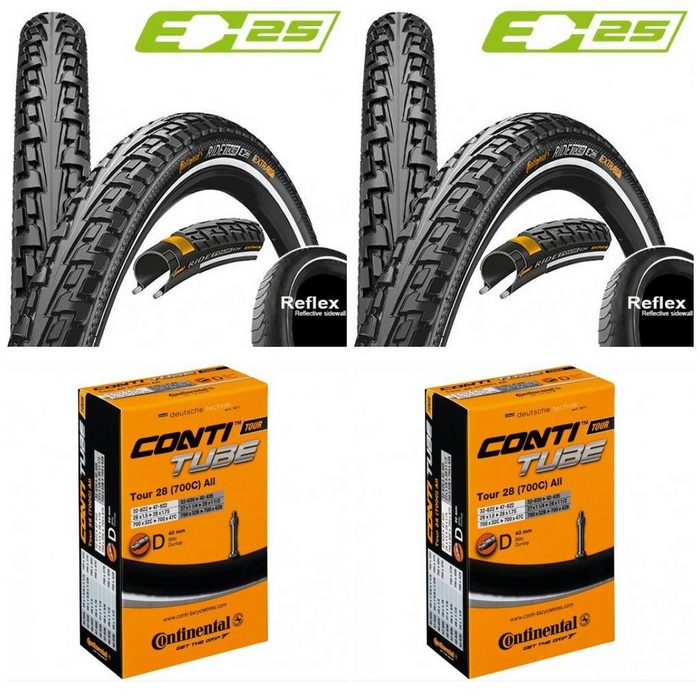 CONTINENTAL Fahrradreifen Reifen Conti RideTour 28x1.40 + Schlauch Conti Tour 28 all DV 40 mm mit Reflexstreifen