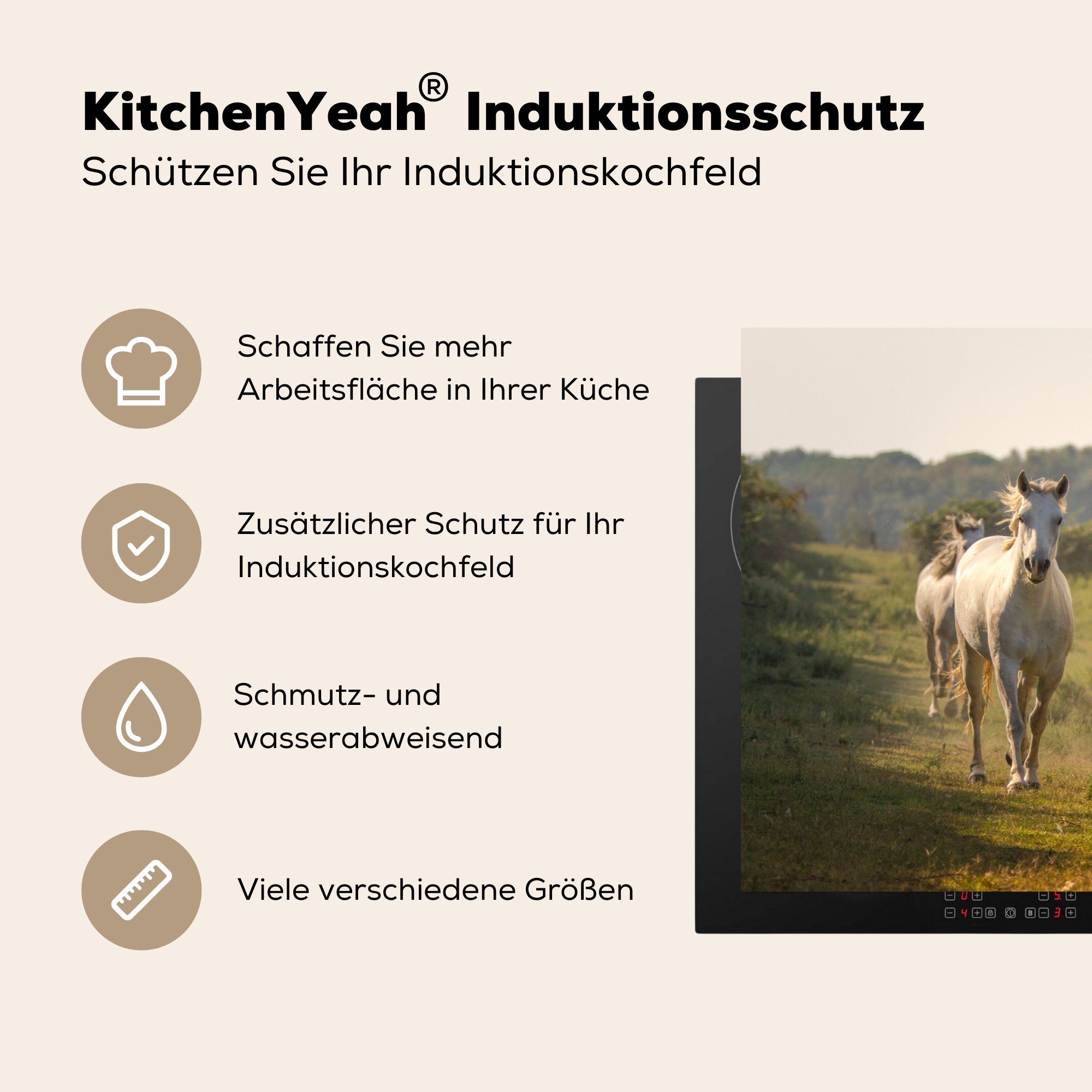 Induktionskochfeld weiße MuchoWow Pferde, Schutz die Galoppierende küche, (1 Vinyl, tlg), 81x52 Ceranfeldabdeckung Herdblende-/Abdeckplatte cm, für