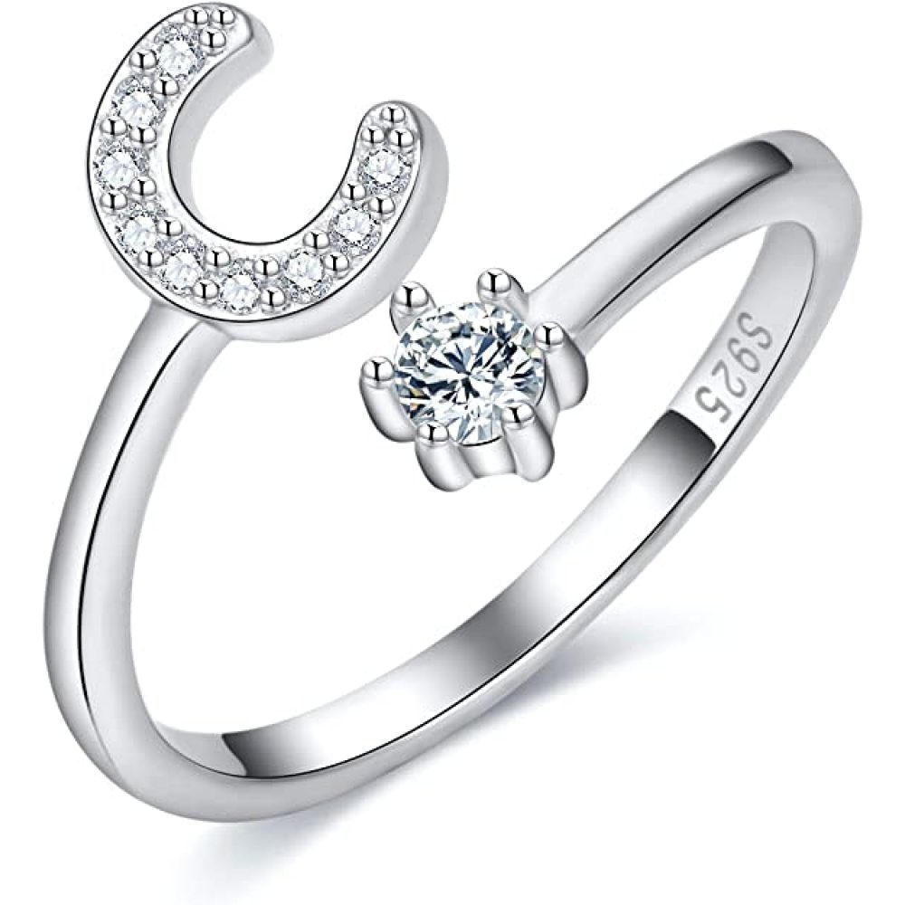 GelldG Silberring Damen Mädchen Buchstabe Ring 925 Sterling Silber Offener Verstellbare ‎‎Silber(Stil:C)