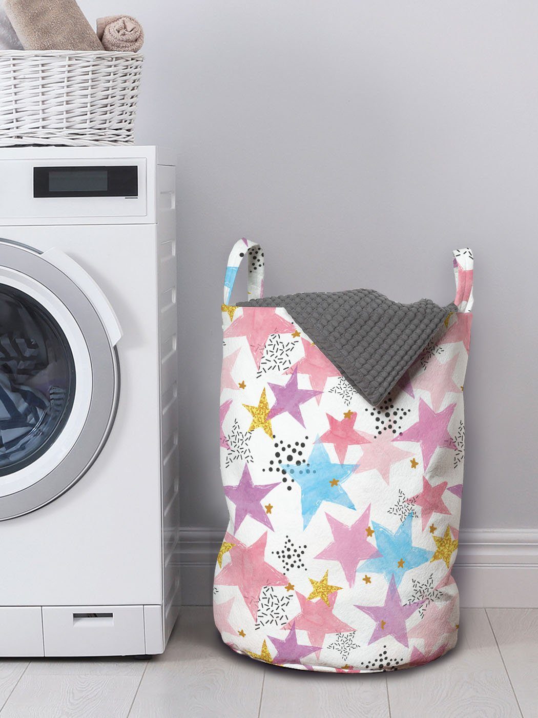 Kordelzugverschluss Abakuhaus Wäschesäckchen Wäschekorb mit Sterne Waschsalons, Griffen Punkt-Streifen Aquarell für
