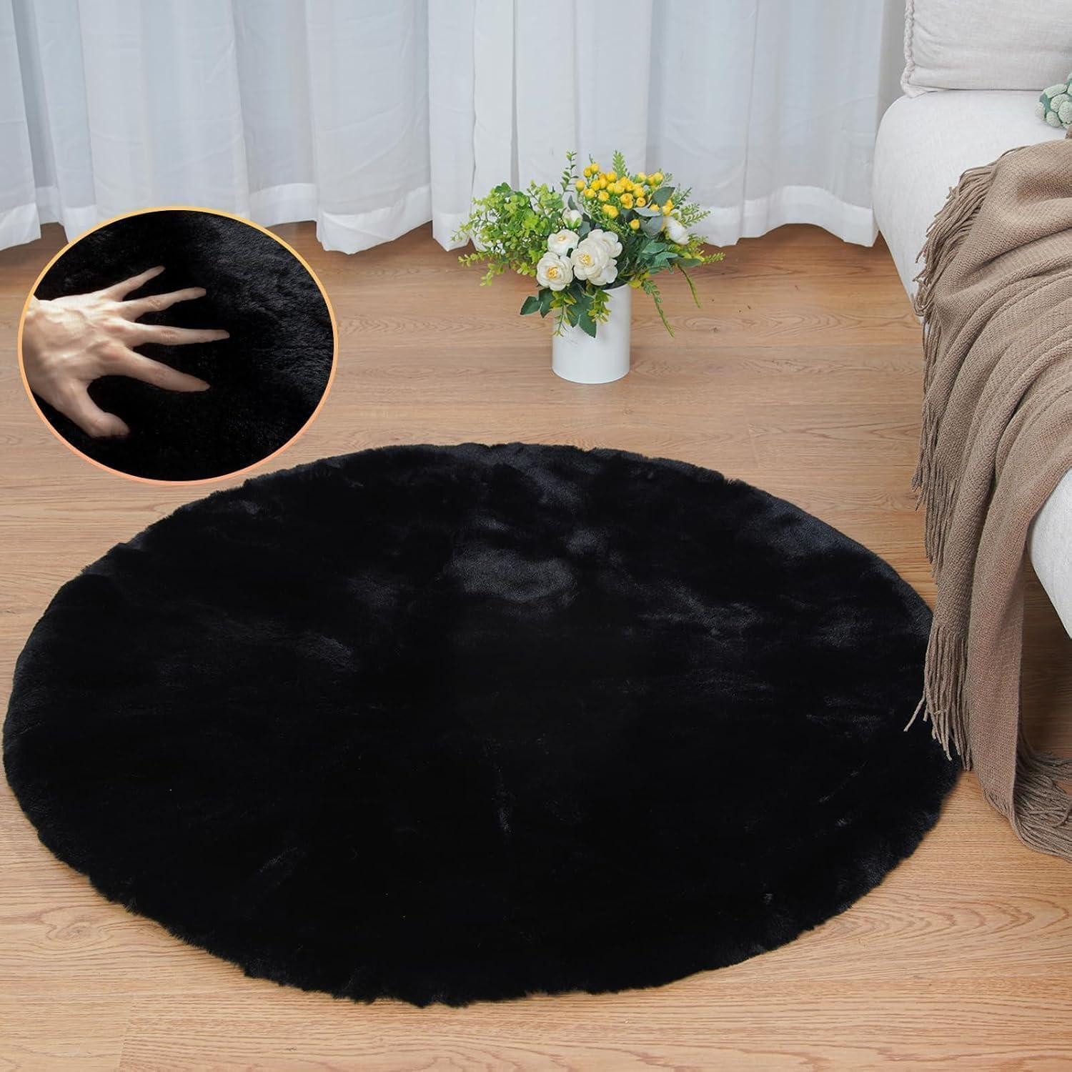 LuxusKollektion Fellteppich Teppich Fellteppich Kunstfell Bettvorleger waschbar 90 cm Rund Schwarz, rund, Höhe: 30 mm