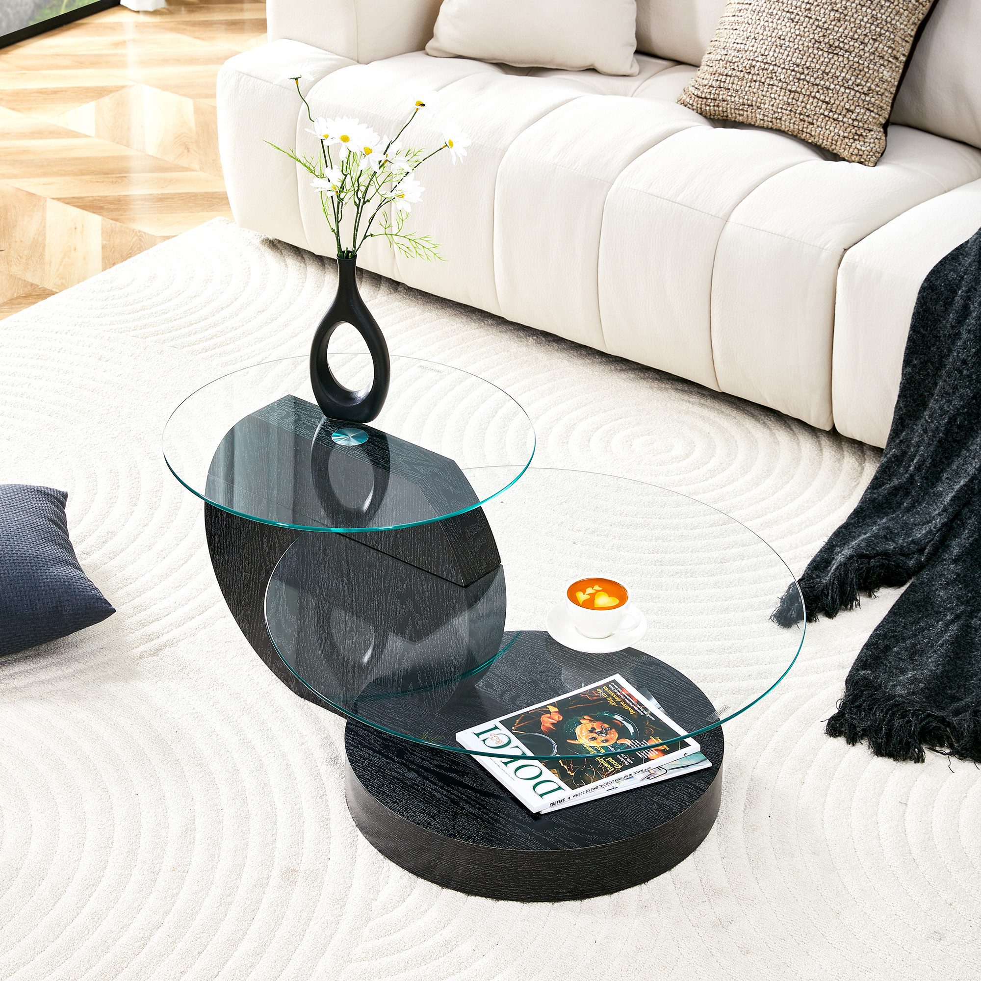 HAUSS SPOLE Couchtisch mehrstufig Wohnzimmertisch,Sofatisch Sicherheitsglasplatte MDF Schwarz (Sofatisch aus hochwertigem MDF gefertigt, Basisfuß-Design mit rutschfesten Füßen), Einfache Installation