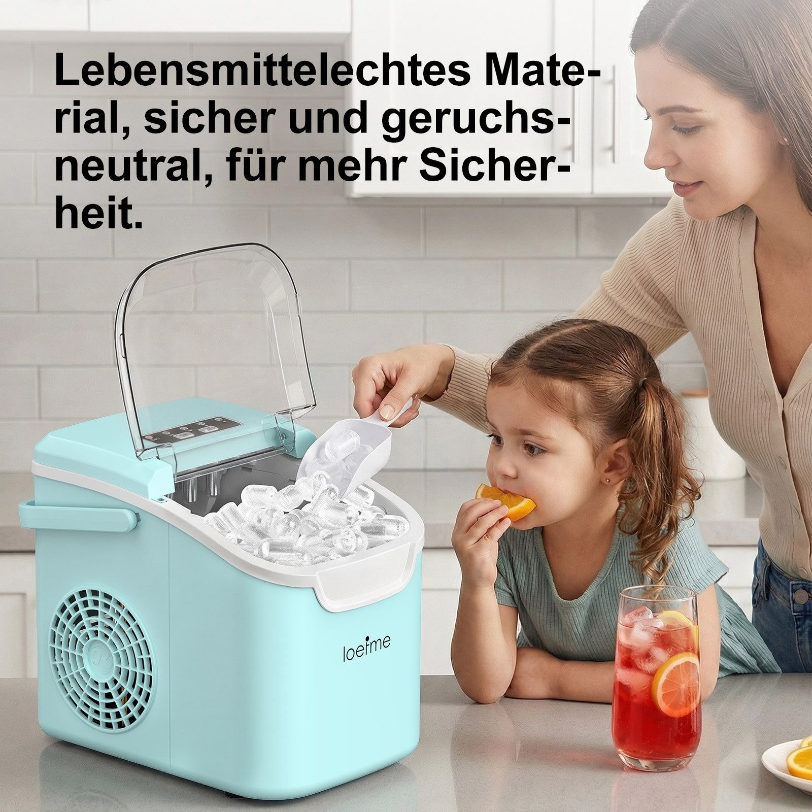 loefme Eiswürfelmaschine Tragbarer Eiswürfelbereiter, 6 Minuten Schnellproduktion, Selbstreinigung, leiser Betrieb, 12KG/24H, für Zuhause Party – Bild 5 von 5