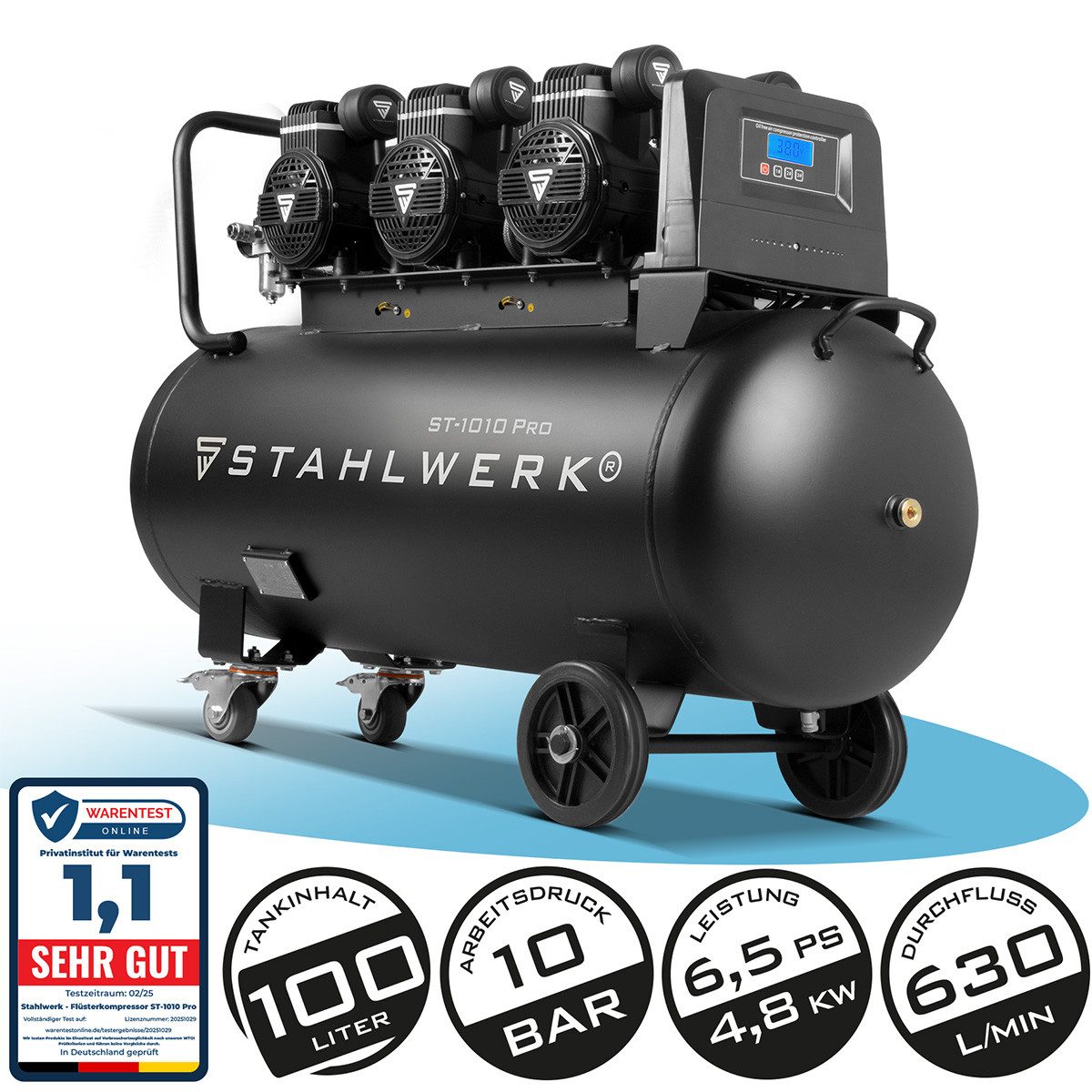 STAHLWERK Kompressor Kompressor ST-1010 Pro mit 10 bar, 6,5 PS, 4,8 kW, 100 l, Gerät, 1-tlg., Einzelgerät, Flüster-Kompressor mit Brushless-Motoren