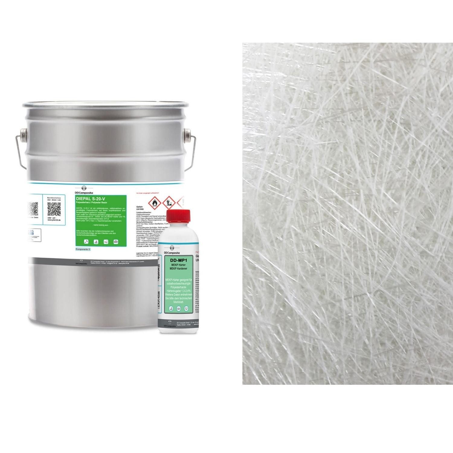 DD Composite Reparatur-Set 5kg GFK Polyesterharz + 5m² Glasfasermatte 225g/m², Reparaturset, 3-St., Reparaturen von Rissen, Kratzern, undichten Stellen usw., hohe Klebkraft