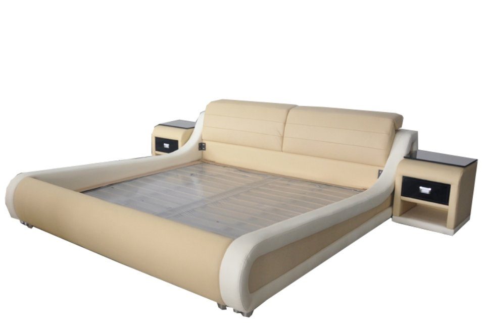 JVmoebel Bett Doppel Luxus Design Leder Bett Polster Betten Moderne Multifunktion Hellbeige/Weiß