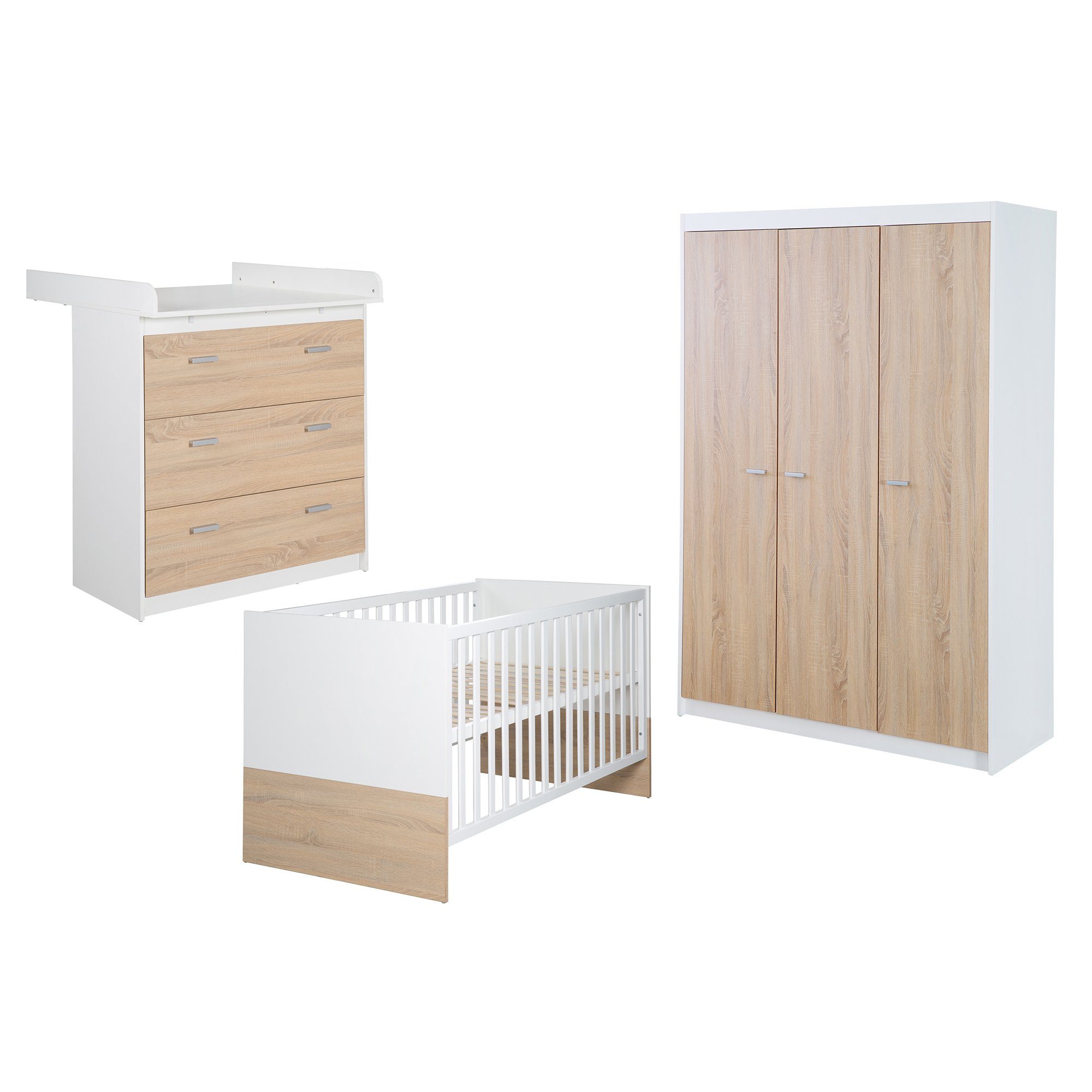 roba® Babyzimmer-Komplettset Gabriella 3-teilig - Aus Holz - Bicolor - Weiß & Sonoma Eiche, (Set 3-teilig, mit breiter oder schmaler Wickelkommode), Gitterbett, Wickelkommode & Kleiderschrank 3-türig