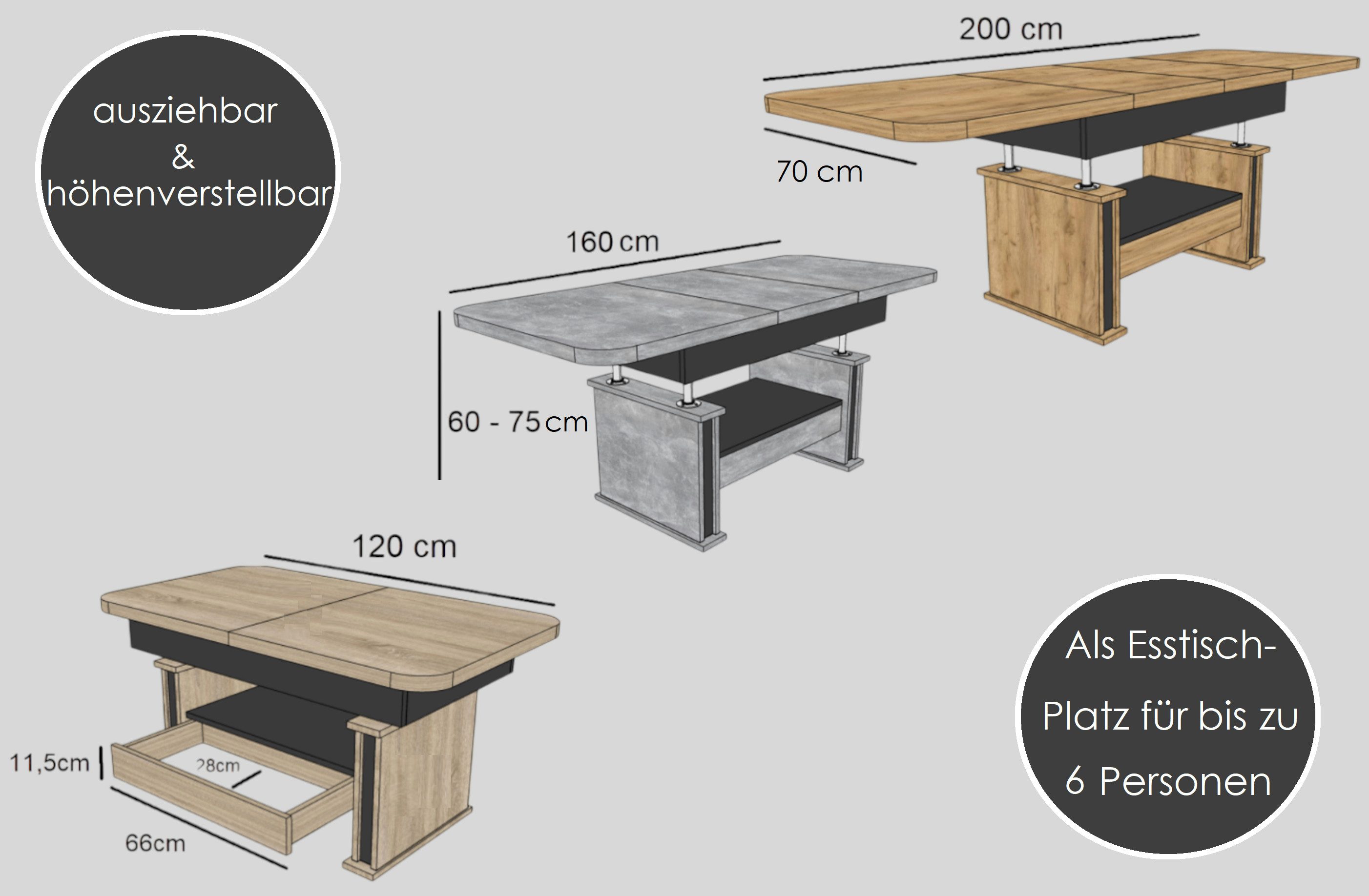 designimpex Couchtisch Design DA-555 Schublade höhenverstellbar ausziehbar 120/200 cm Tisch, Funktionstisch, Wohnzimmertisch, Tisch, Esstisch, Sofatisch, Schublade