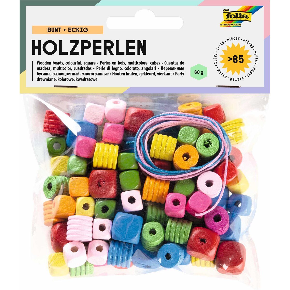 Folia Bastelfilz Bastelset Holzperlen - 88 Stück eckig sortiert.