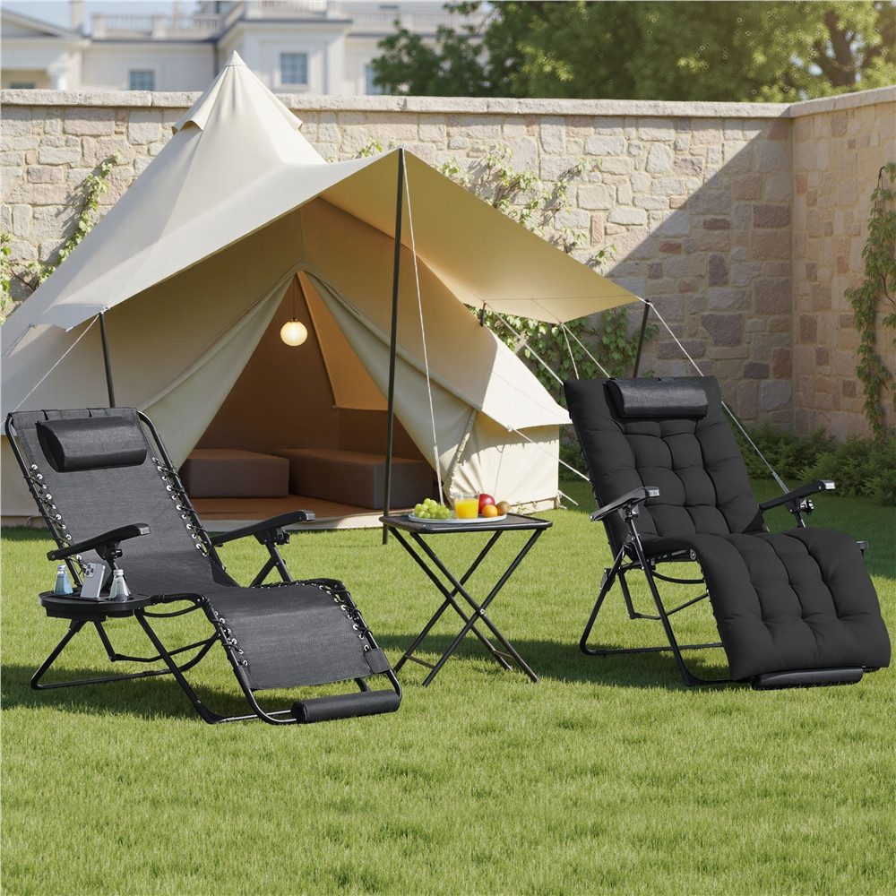 Yaheetech Gartenliege mit Auflage 74,5 cm B Klappbar & Tragbar, Relaxstuhl mit Becherhalter & Kopfkissen & Gepolsterte Fußauflage