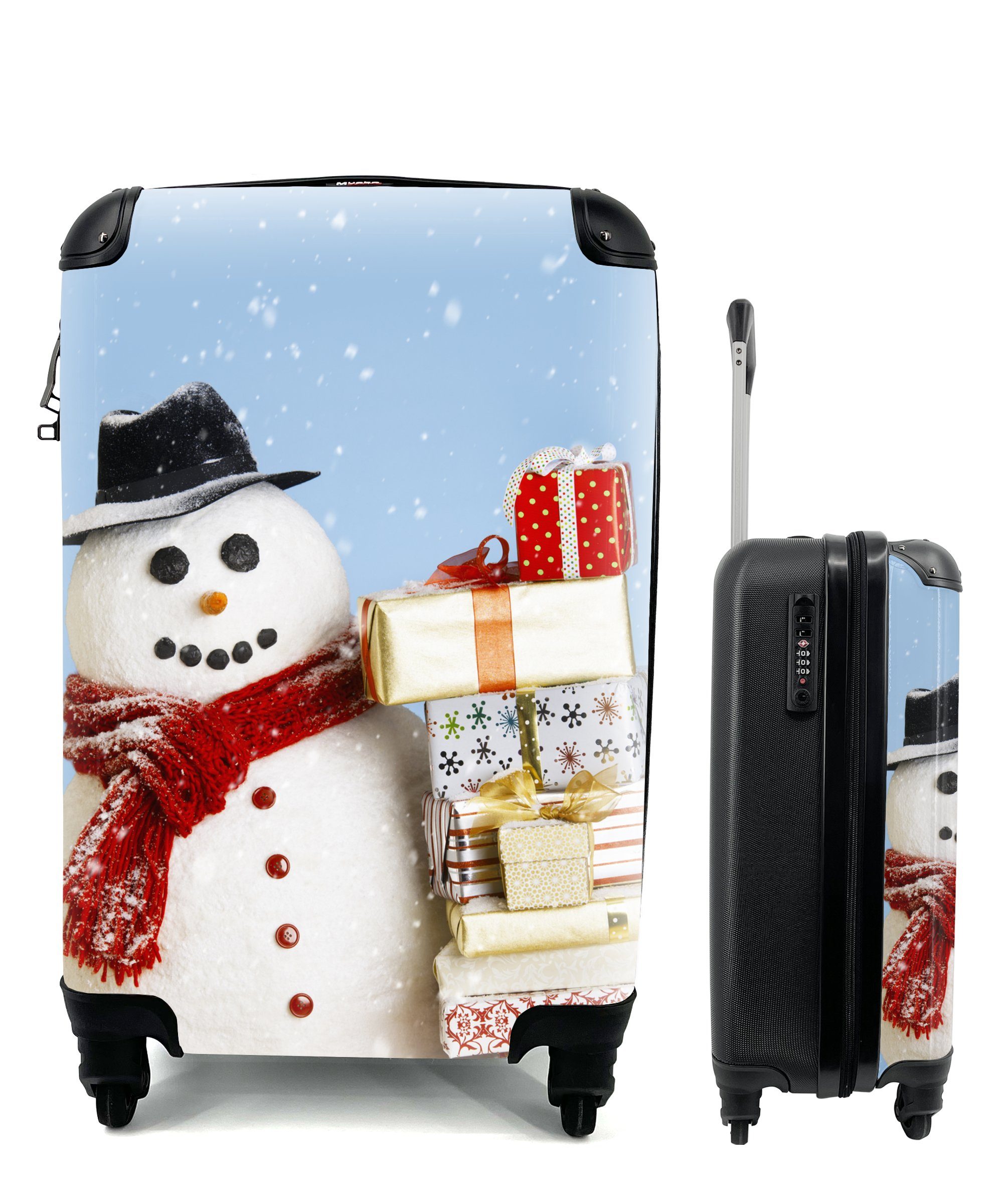 MuchoWow Handgepäckkoffer Ein Schneemann mit Weihnachtsgeschenken, 4 Rollen, Reisetasche mit rollen, Handgepäck für Ferien, Trolley, Reisekoffer