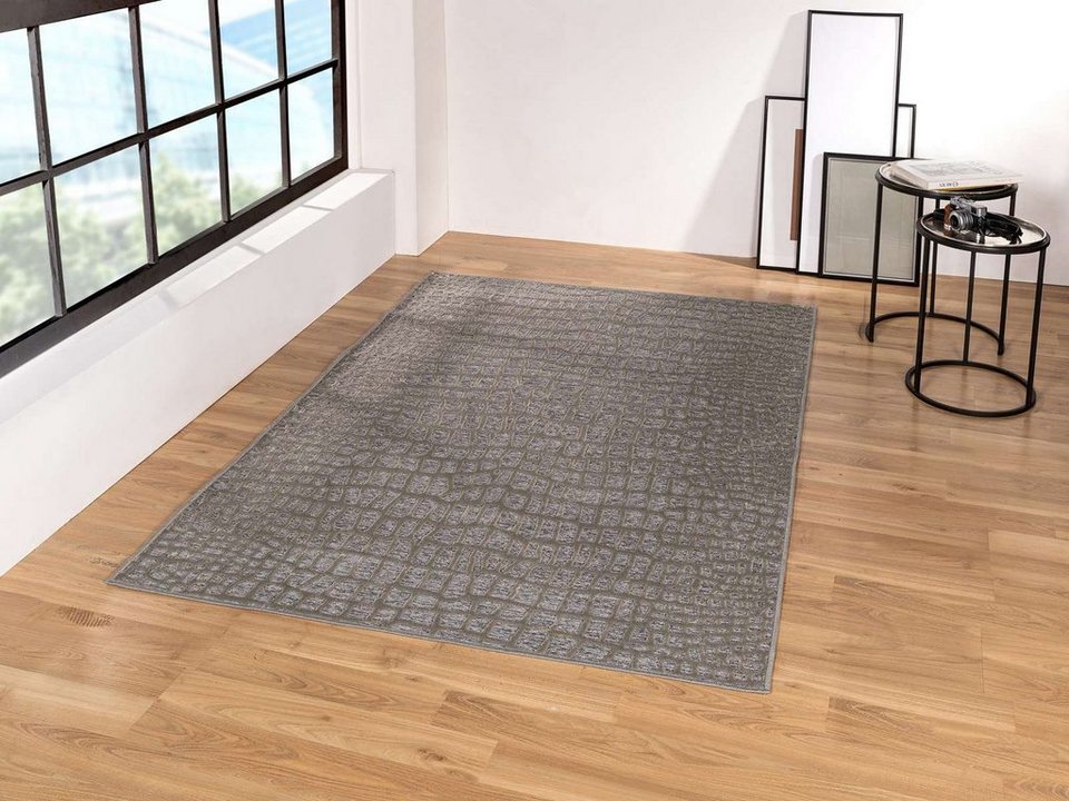 Teppich Edlel glänzender Flachflorteppich Genoa 938512 Snake, TaraCarpet,  rechteckig, Höhe: 9 mm, BOHO Vintage Teppich grau Wohnzimmer Esszimmer  Schlafzimmer 100x140