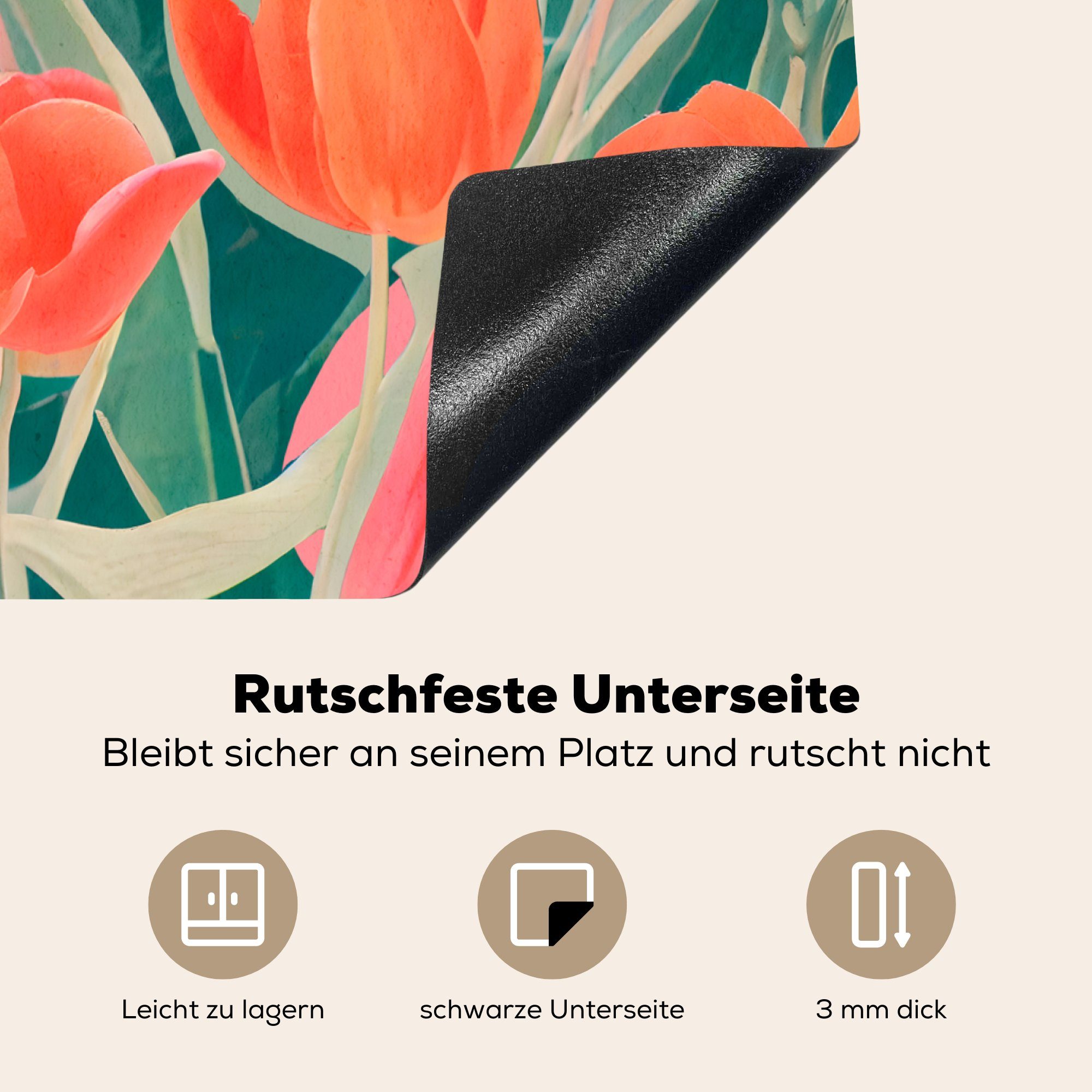 cm, Vinyl, Rot Kunst, nutzbar, - tlg), - Rosa 60x52 Ceranfeldabdeckung MuchoWow Arbeitsfläche (1 Herdblende-/Abdeckplatte - Tulpen Mobile Blumen -