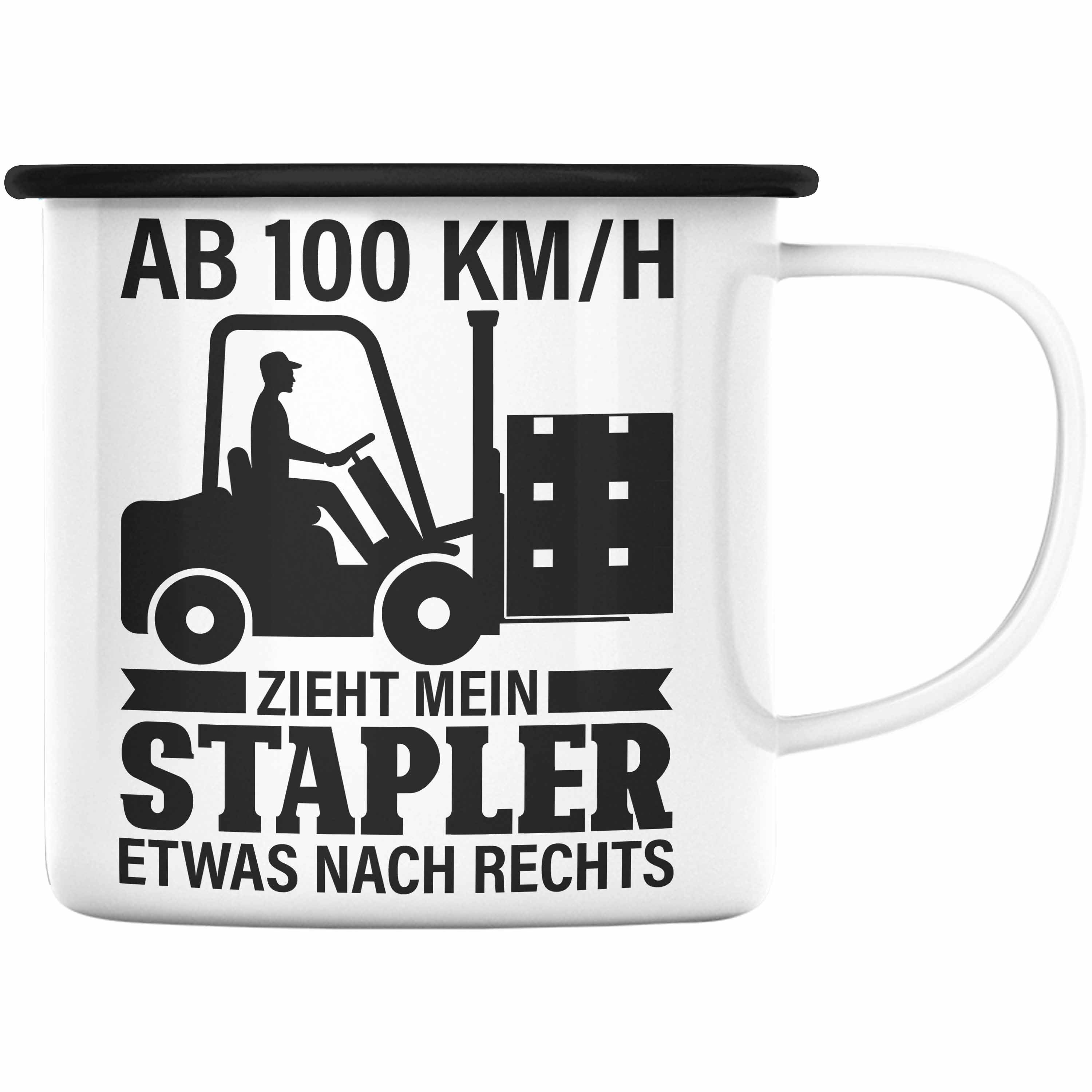 Trendation Thermotasse Trendation - Gabelstapler Lagerist Geschenk Emaille Tasse Staplerfahrer Spruch Fachlagerist Geschenkidee Schwarz | Teetassen