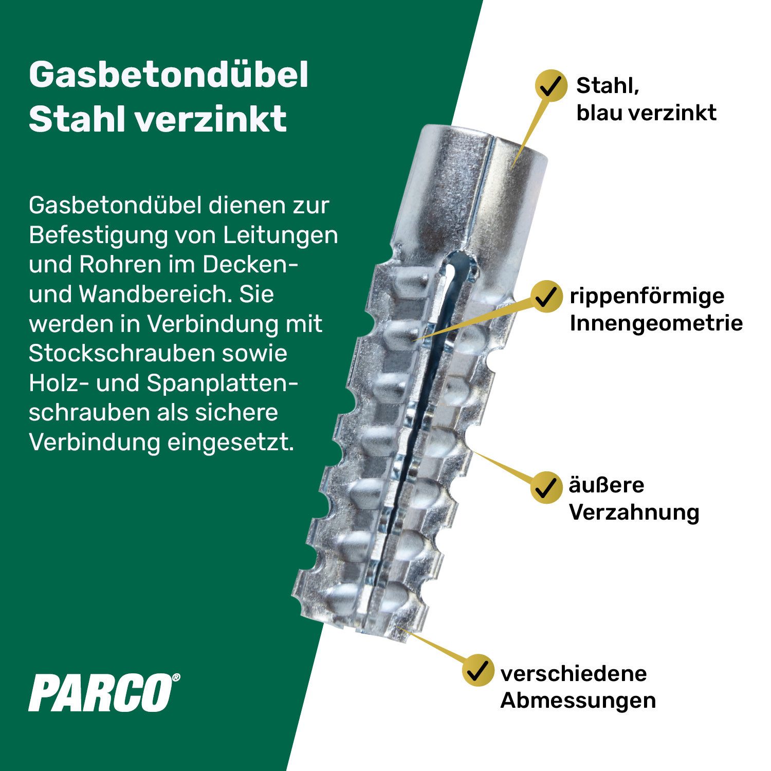 PARCO Porenbetondübel PARCO Porenbetondübel Stahl vz. 6,0x32mm 50 Stück, (30x32 mm, 50-tlg)