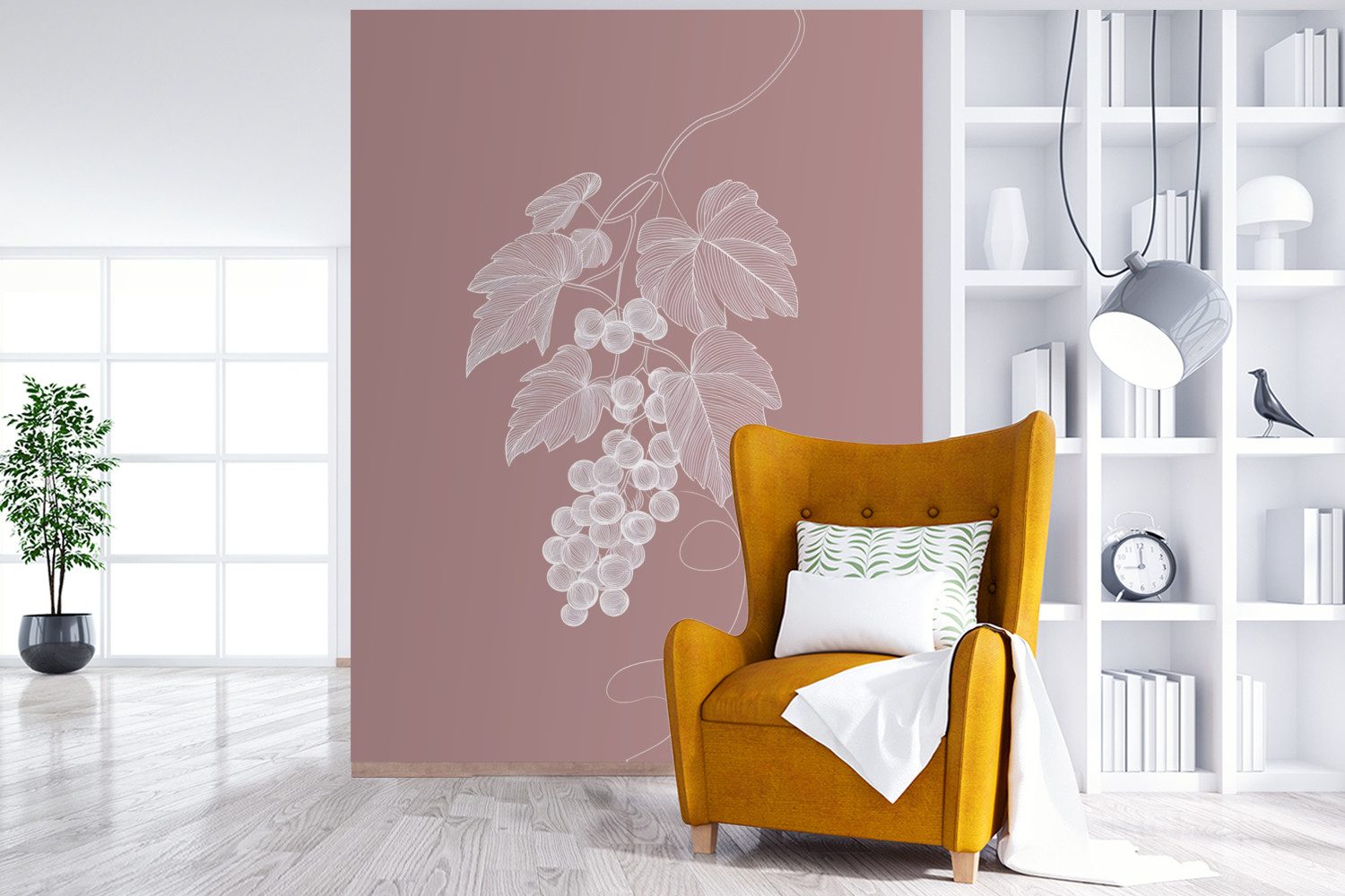 MuchoWow Fototapete Gebinde - Weintrauben - Illustration - Blätter, Matt, bedruckt, Wallpaper für Wohnzimmer, Schlafzimmer, Vinyl Tapete, 165x220 cm