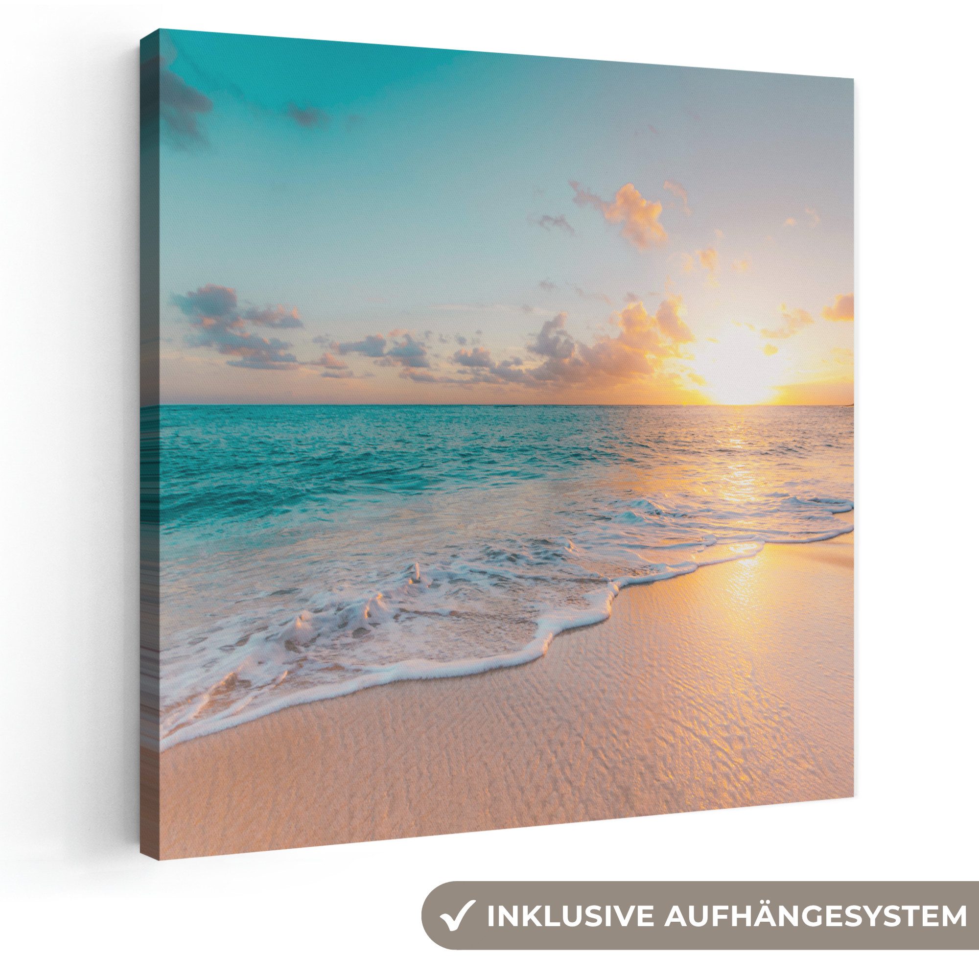 OneMillionCanvasses® Leinwandbild Sonnenuntergang - Strand - Meer - Sommer - Blau, Fotodruck (1 St), Wandbild, Deko Schlafzimmer Wohnzimmer Flur 20x20 cm