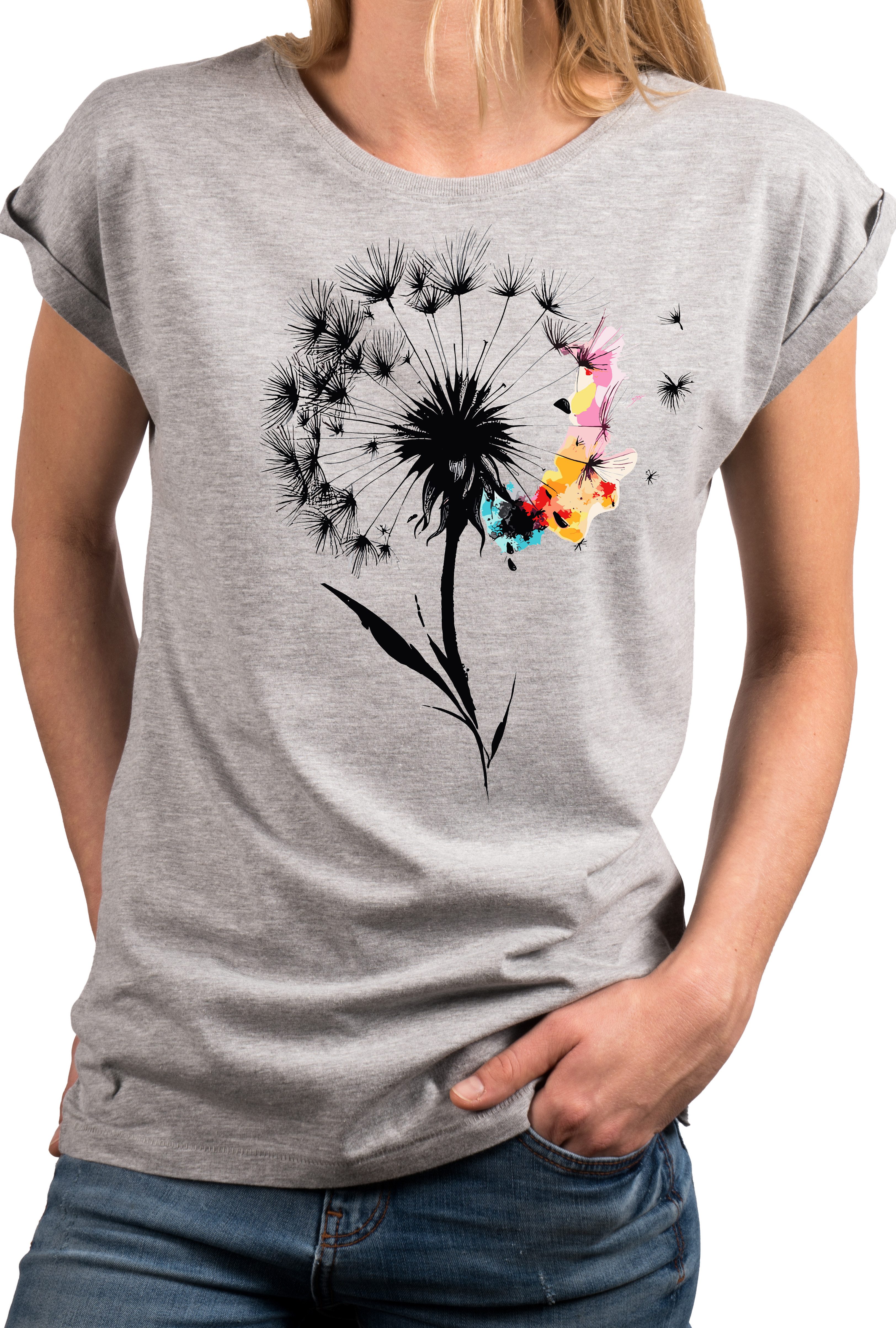MAKAYA T-Shirt Damen-Top mit Pusteblumen-Print – florales Sommer-Shirt aus Baumwolle (Weiß, Rosa, Hellgrau, 34, 36, 38, 40, 42, 44, 46, 48, 50) Baumwolle