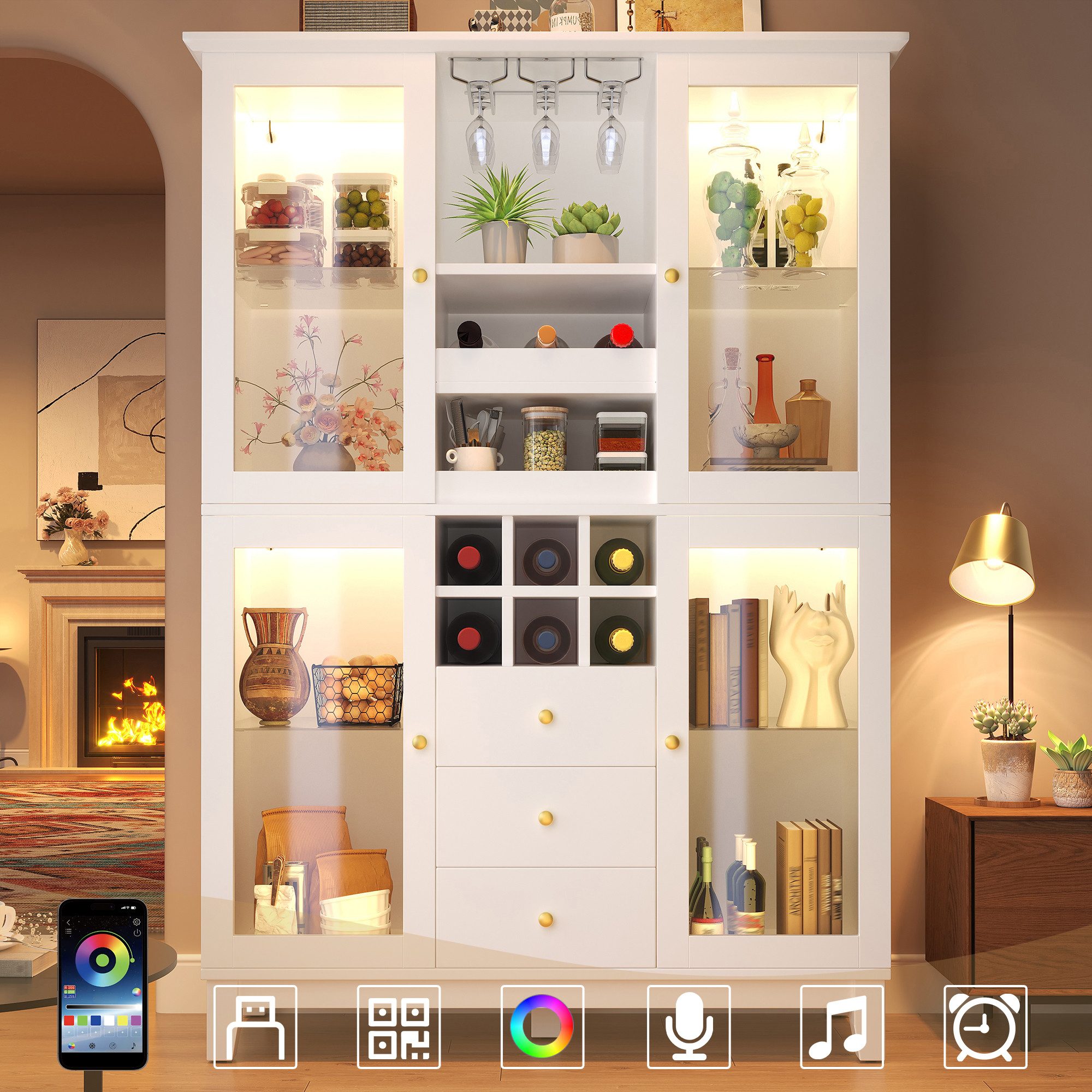 Odikalo Weinschrank Hochschrank mit LED Weinglas- & Flaschenhalter (mit App-gesteuerter LED-Beleuchtung, 180,5x120x40cm, 3 Schubladen)